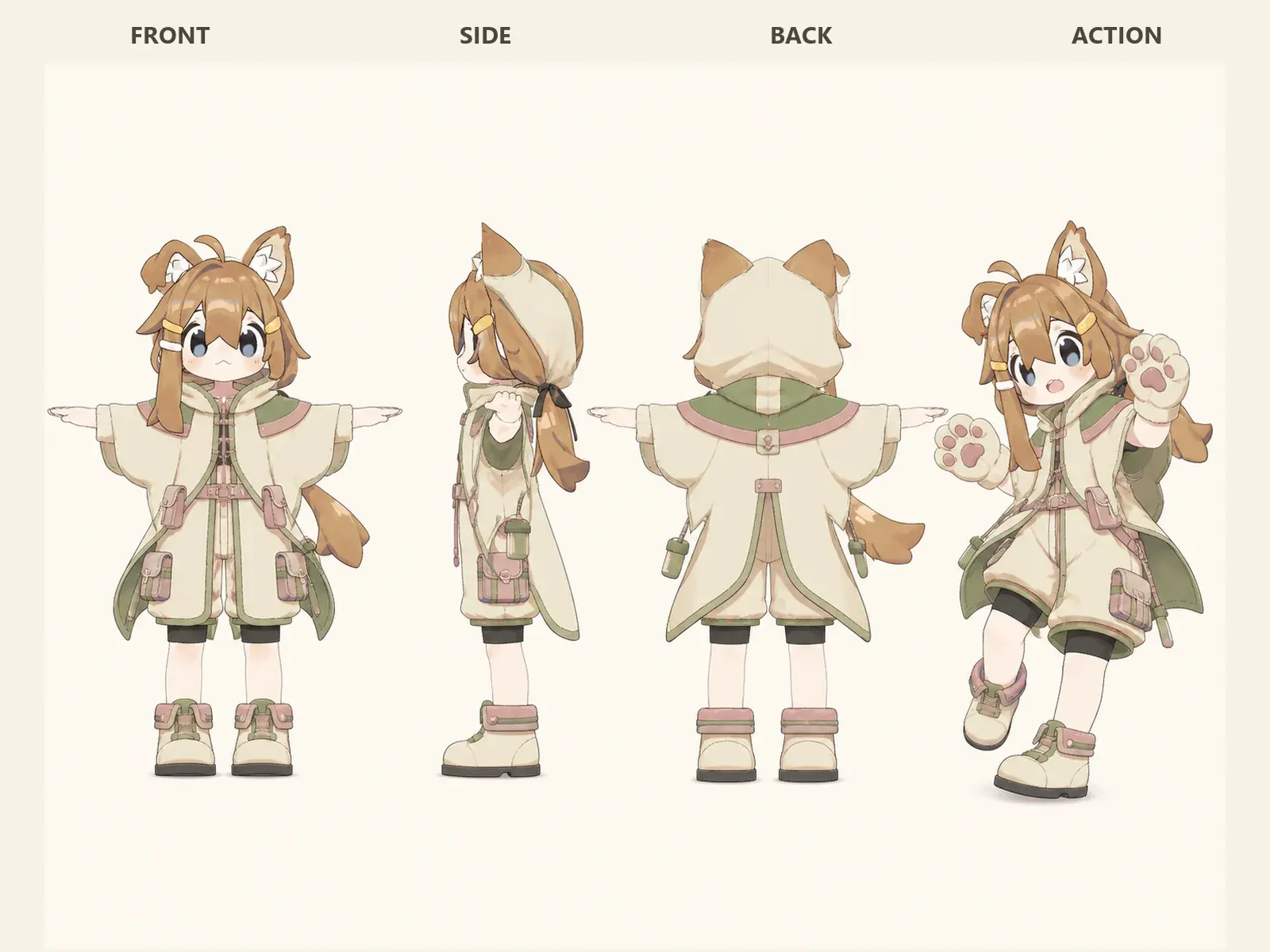朝凪のケモノ・アニマル仮装・仕事・作業衣装を着たデフォルメ・ユニセックスモデルの正面、左側面、背面、任意ポーズを左から並べた衣装設計図。