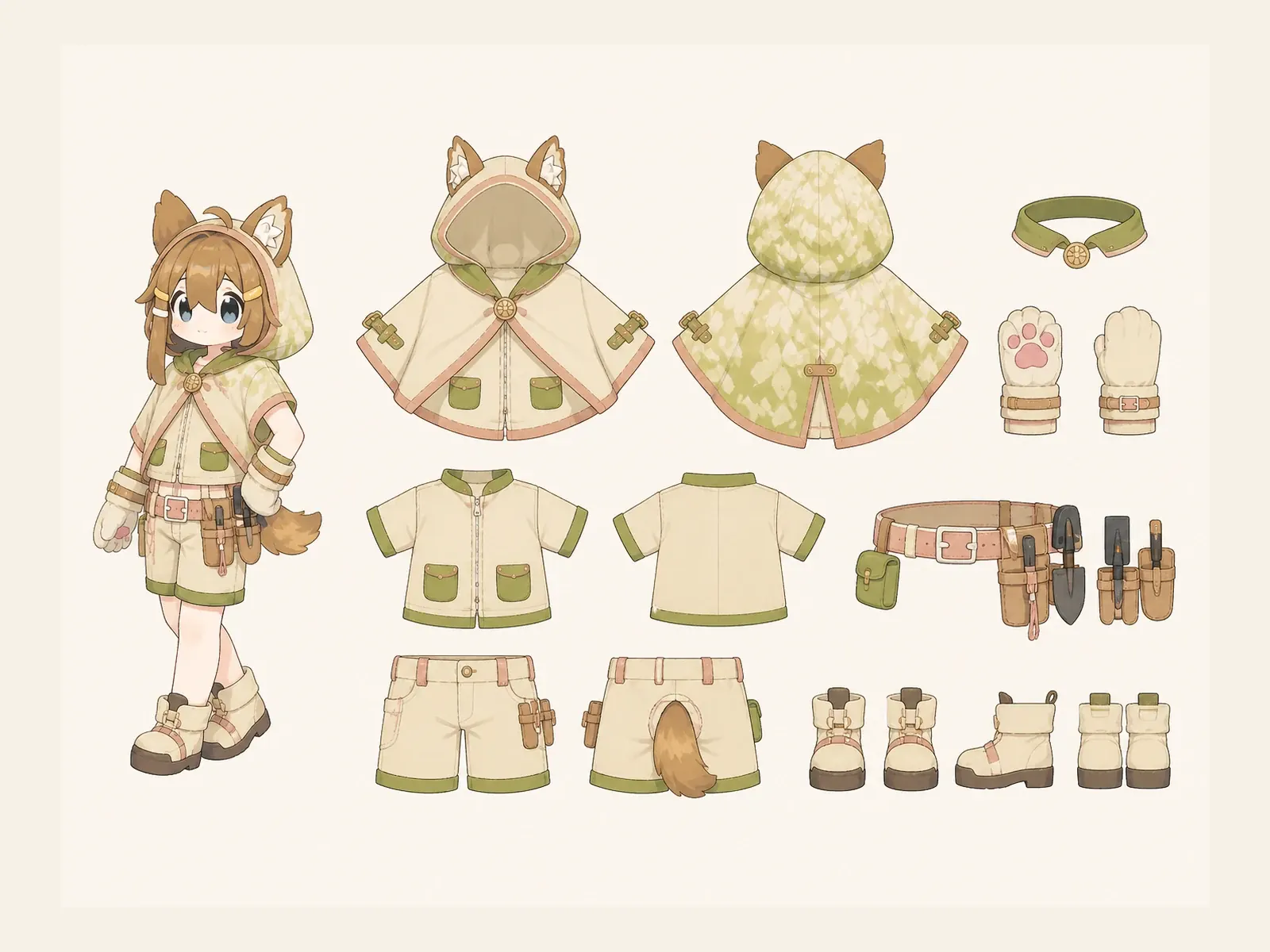 木漏れ日のケモノ・アニマル仮装・仕事・作業衣装の衣装設定画。着用全身と衣装部品の構造を示す独立設定画。
