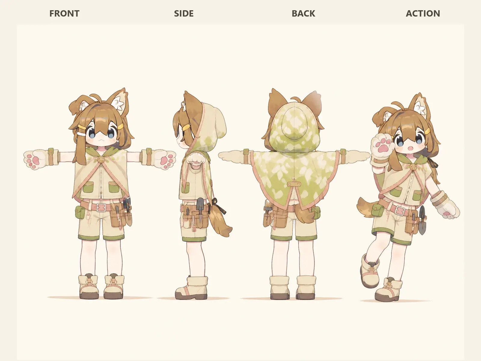 木漏れ日のケモノ・アニマル仮装・仕事・作業衣装を着たデフォルメ・ユニセックスモデルの正面、左側面、背面、任意ポーズを左から並べた衣装設計図。