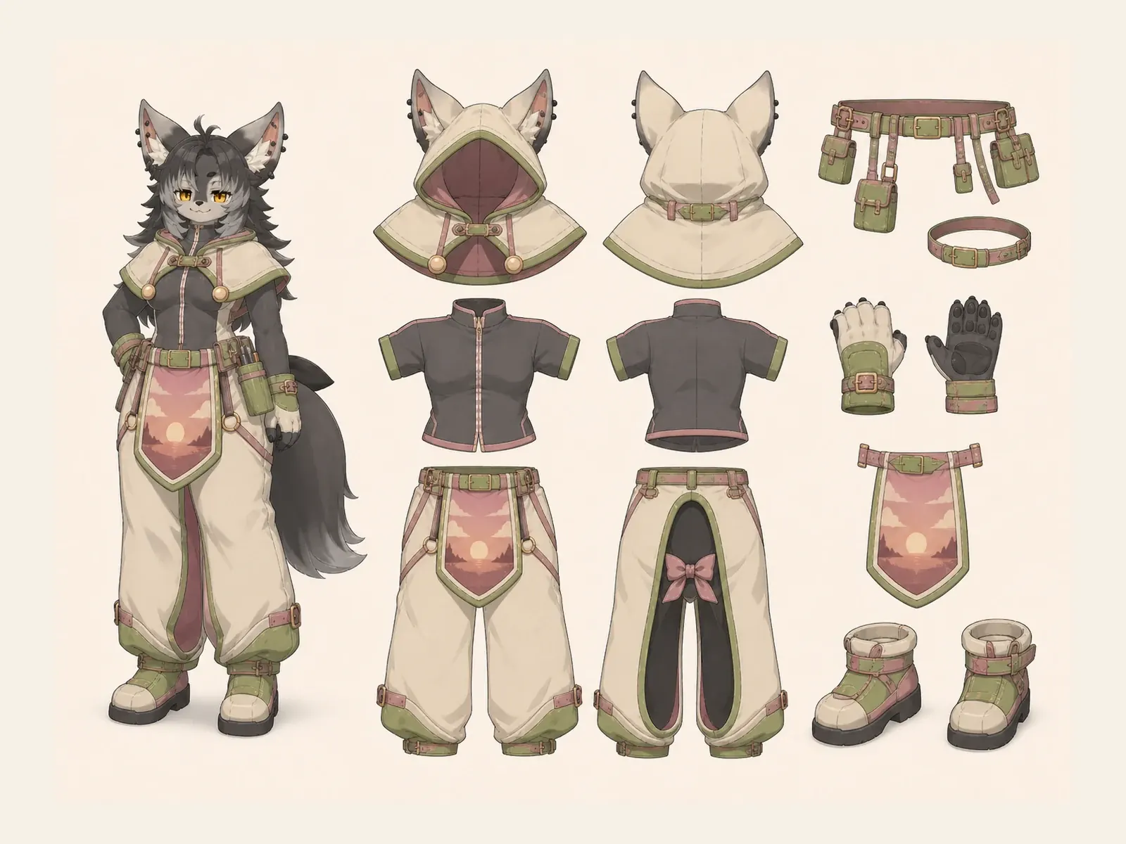 夕映えのケモノ・アニマル仮装・仕事・作業衣装の衣装設定画。着用全身と衣装部品の構造を示す独立設定画。