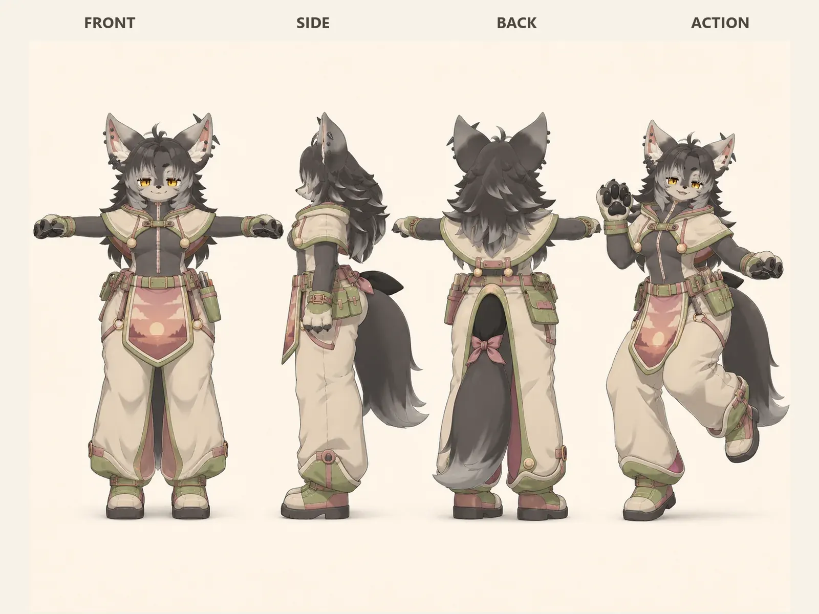 夕映えのケモノ・アニマル仮装・仕事・作業衣装を着た成人女性型オオカミ獣人モデルの正面、左側面、背面、任意ポーズを左から並べた衣装設計図。