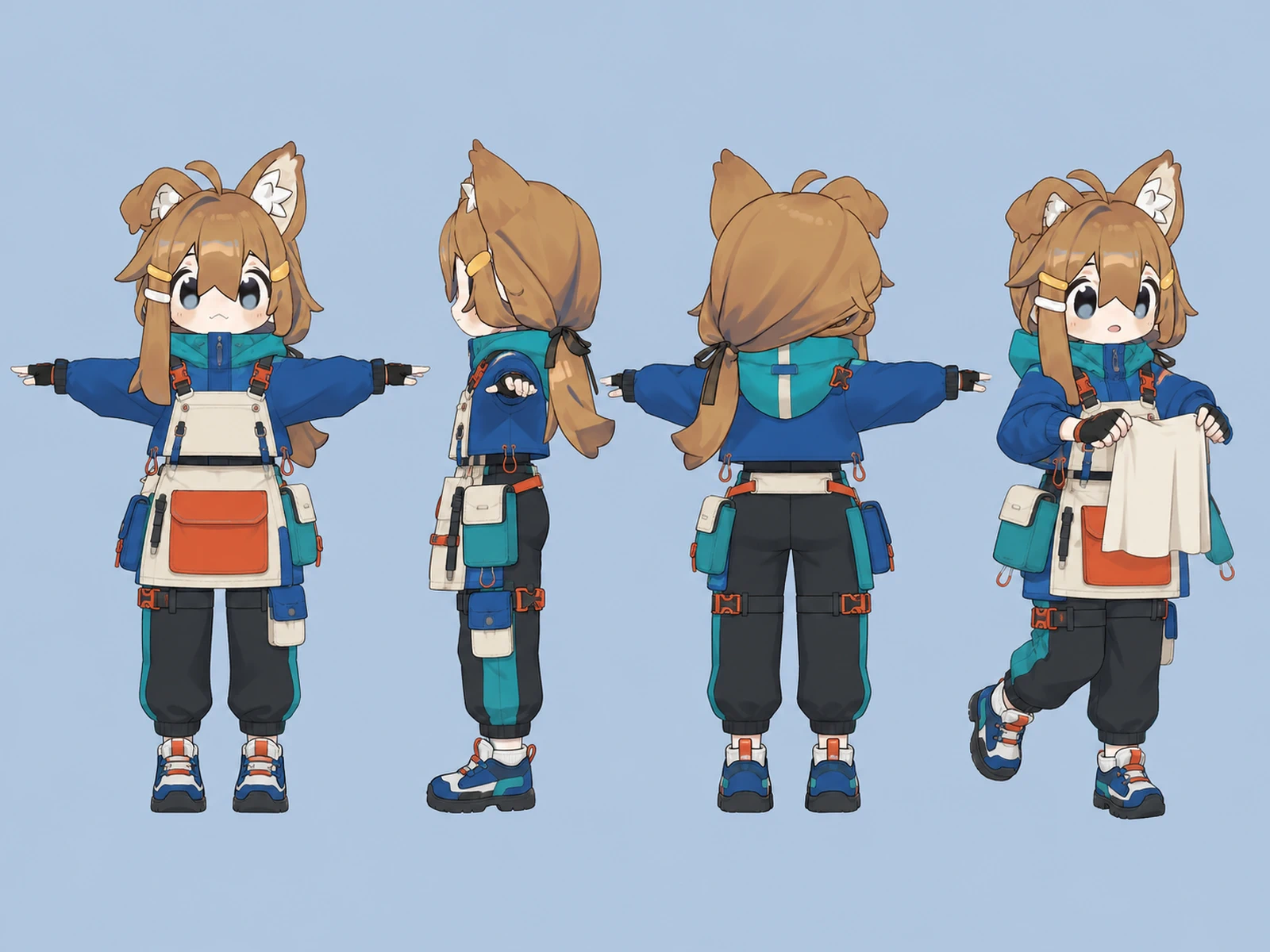 朝凪のアウトドア・ゴープコア・医療・ケア衣装を着たデフォルメ・ユニセックスモデルの正面、左側面、背面、任意ポーズを左から並べた衣装設計図。