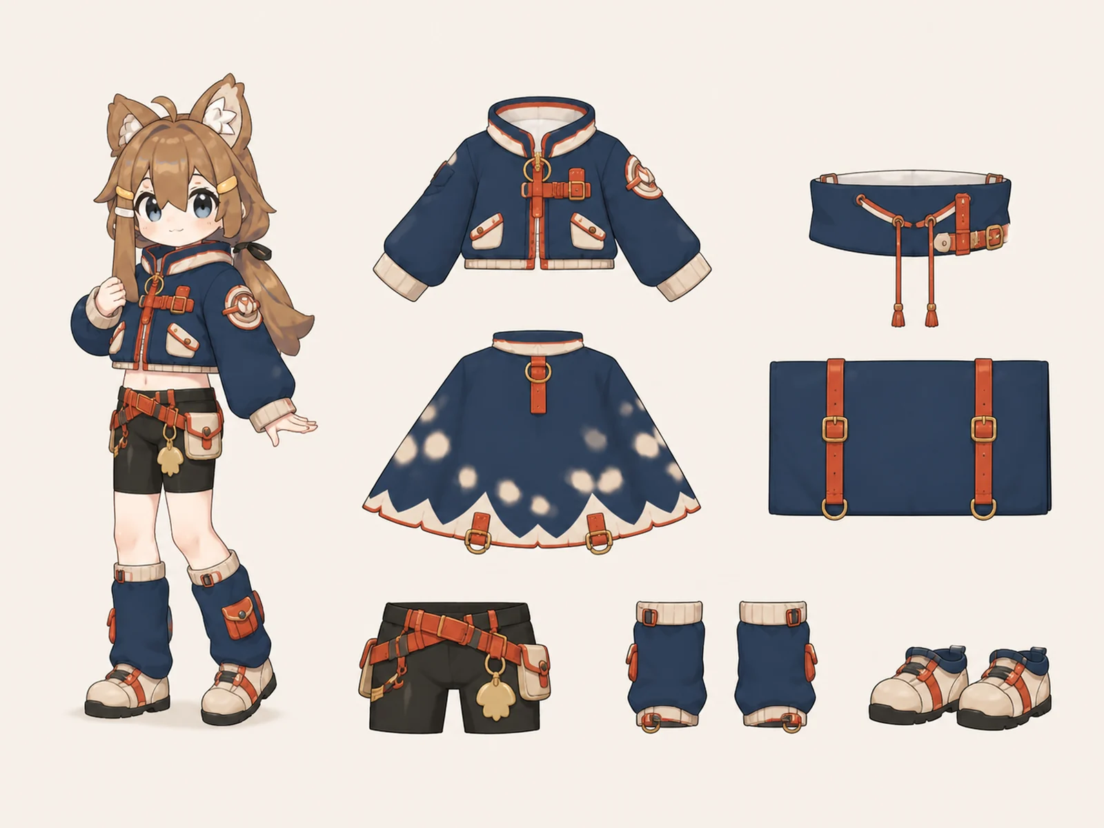 木漏れ日のストリート・コスプレ・仮装衣装の衣装設定画。着用全身と衣装部品の構造を示す独立設定画。