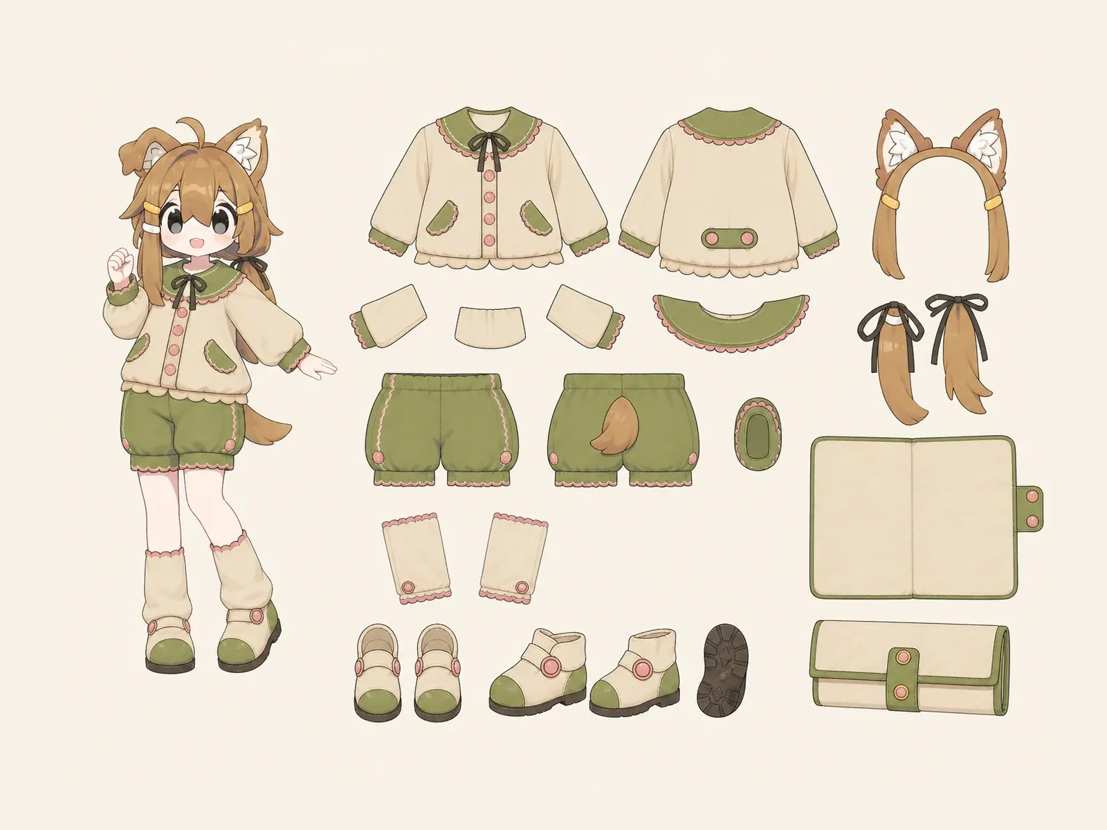 朝凪のヴィンテージ・レトロ・コスプレ・仮装衣装の衣装設定画。着用全身と衣装部品の構造を示す独立設定画。
