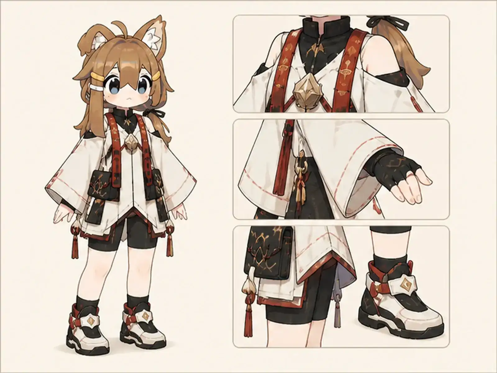 通信包の浄化師 — 電子社の守護役の衣装設定画。着用全身と首元、腰の留め具、裾・靴・尾口の構造図。