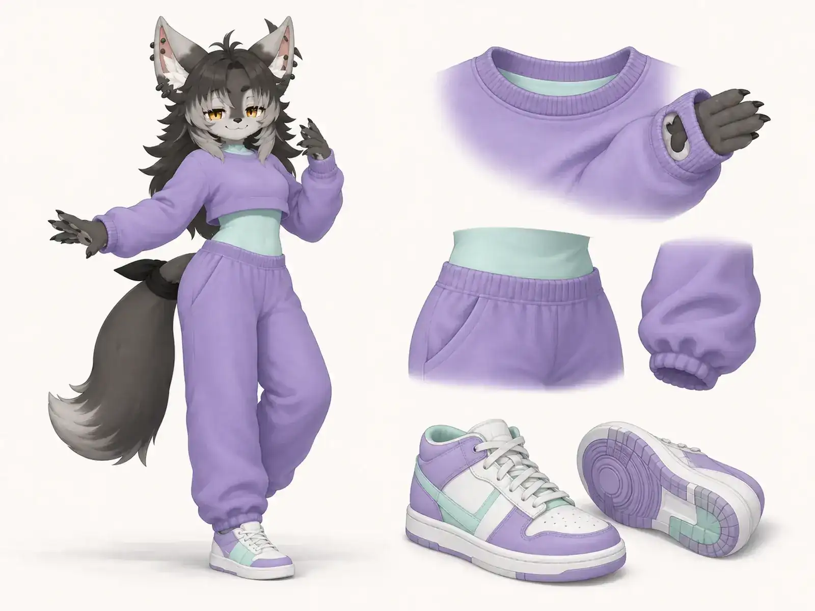 ダンスフィットネスのスタジオ服の衣装設定画。着用全身と首元、腰の留め具、裾・靴・尾口の構造図。