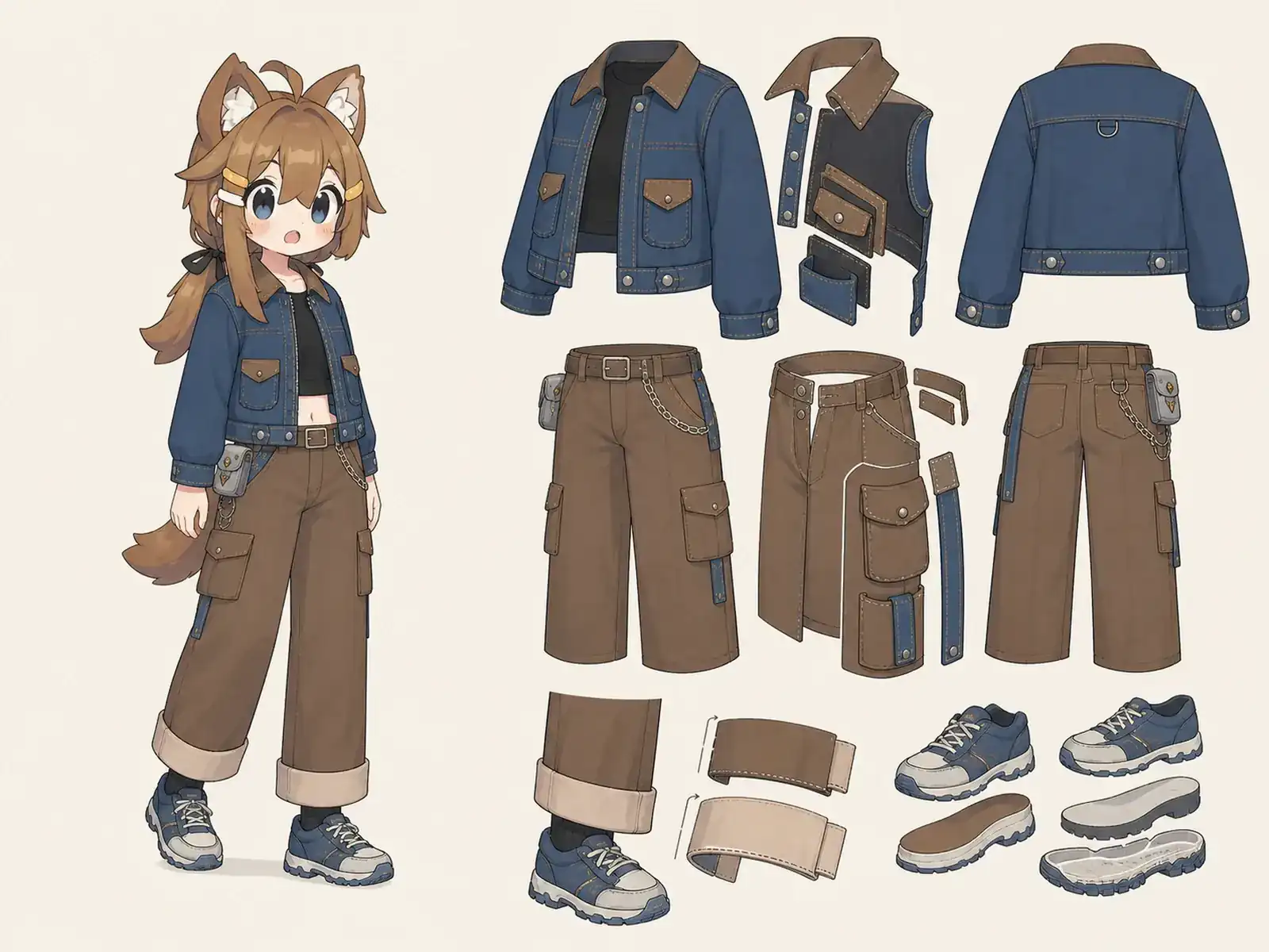 九〇年代ストリートと四〇年代作業服 — 年代対話ワードローブの衣装設定画。着用全身と首元、腰の留め具、裾・靴・尾口の構造図。