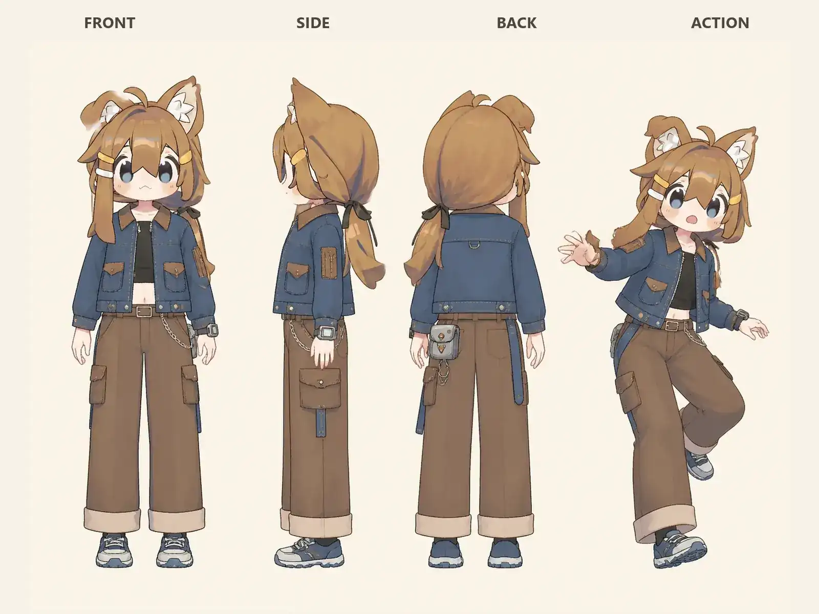 九〇年代ストリートと四〇年代作業服 — 年代対話ワードローブを着た低身長ユニセックスモデルの正面、左側面、背面、任意ポーズを左から並べた衣装設計図。