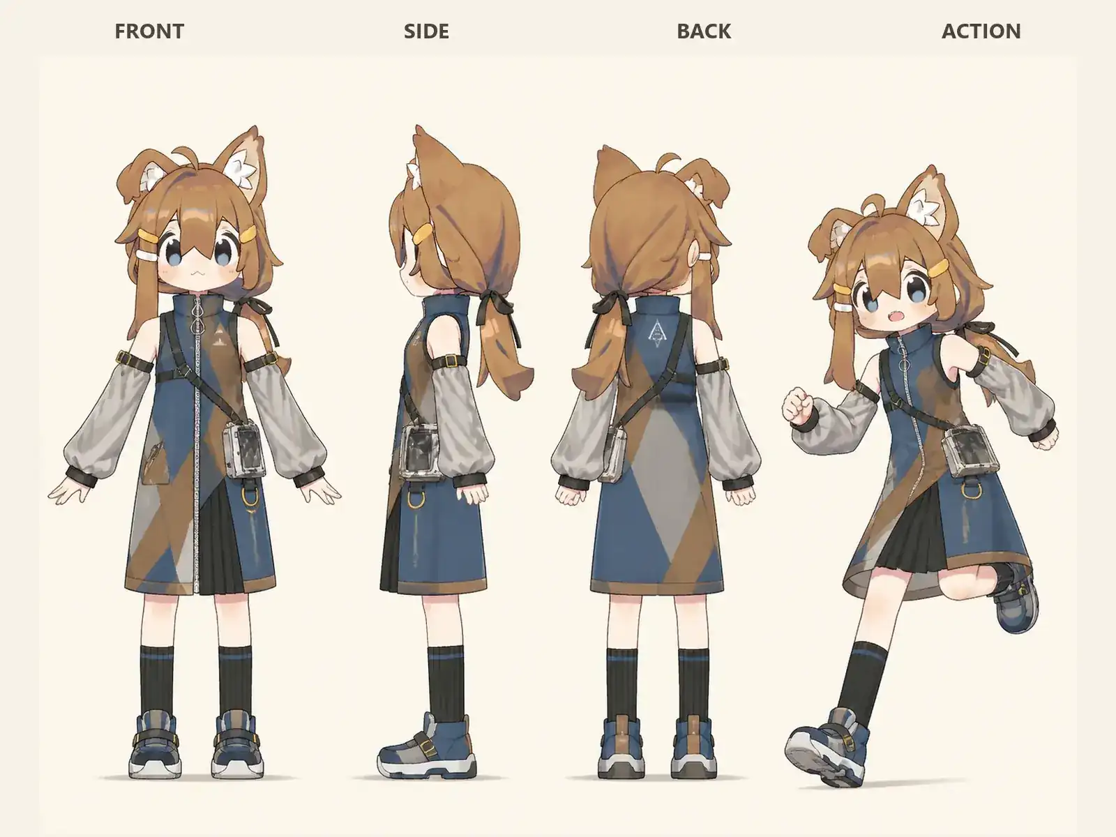 六〇年代幾何服と現在のモジュール — 年代対話ワードローブを着た低身長ユニセックスモデルの正面、左側面、背面、任意ポーズを左から並べた衣装設計図。