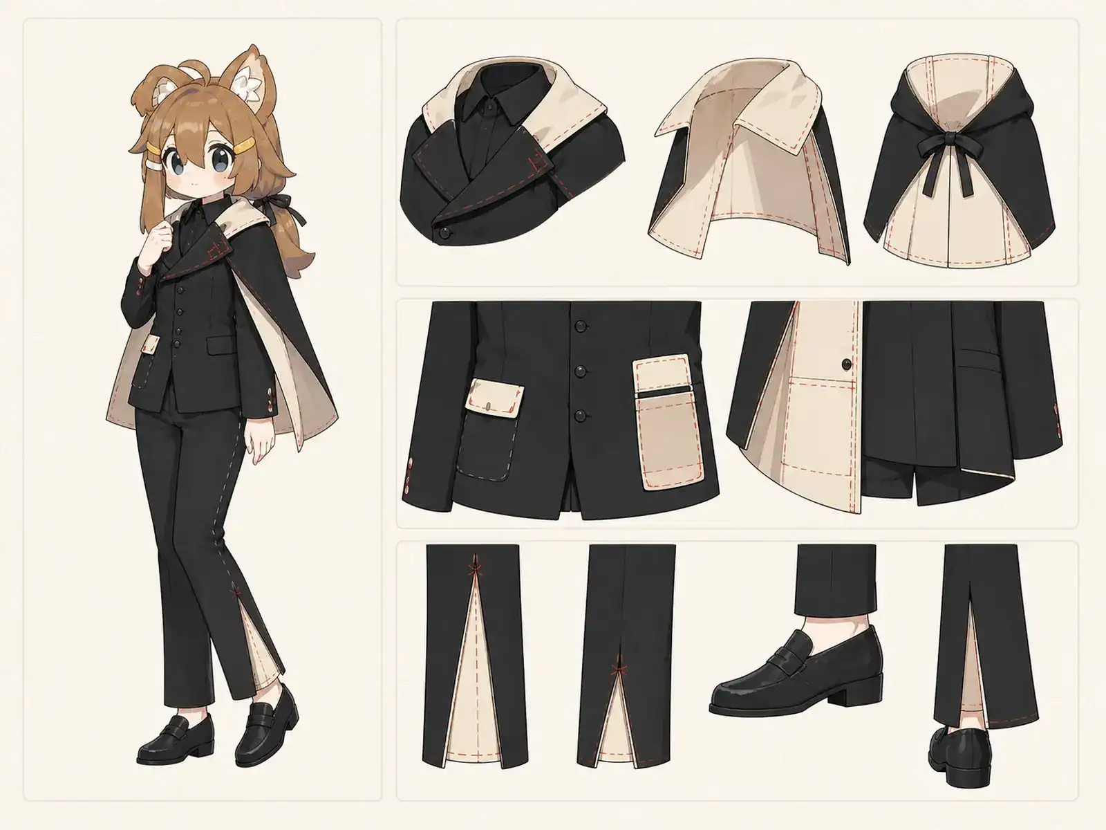 半分だけ裏地のケープ — 解体テーラリング研究の衣装設定画。着用全身と首元、腰の留め具、裾・靴・尾口の構造図。