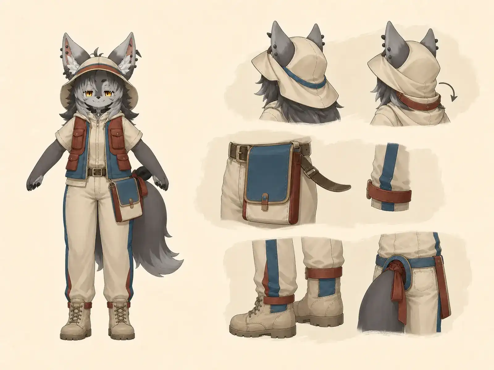 砂漠博物館モバイルガイド服の衣装設定画。着用全身と首元、腰の留め具、裾・靴・尾口の構造図。
