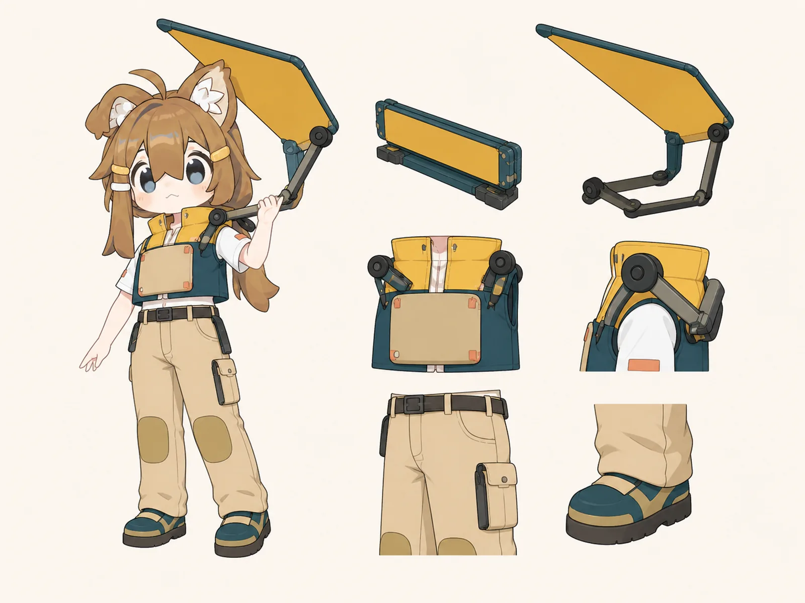 砂漠型ソーラー診療所の日除け管理服の衣装設定画。着用全身と首元、腰の留め具、裾・靴・尾口の構造図。