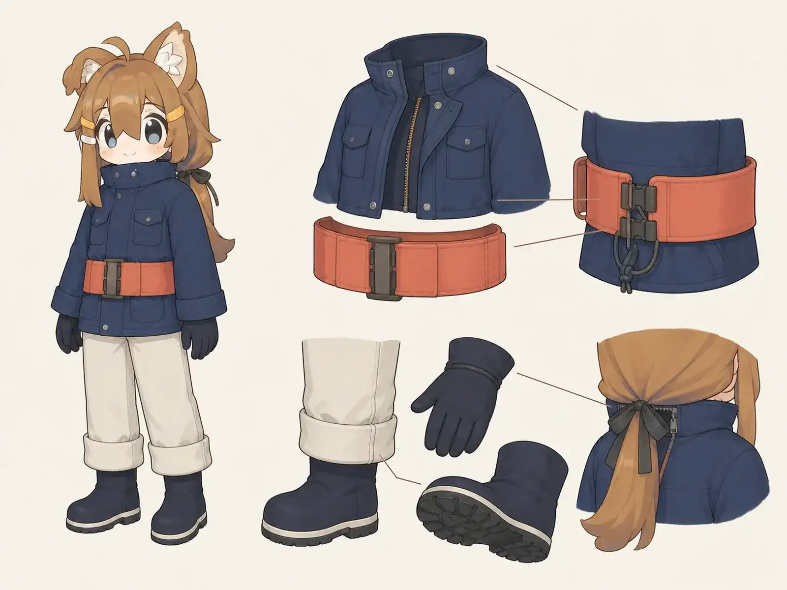 東アジア河川フェリー甲板員服の衣装設定画。着用全身と首元、腰の留め具、裾・靴・尾口の構造図。
