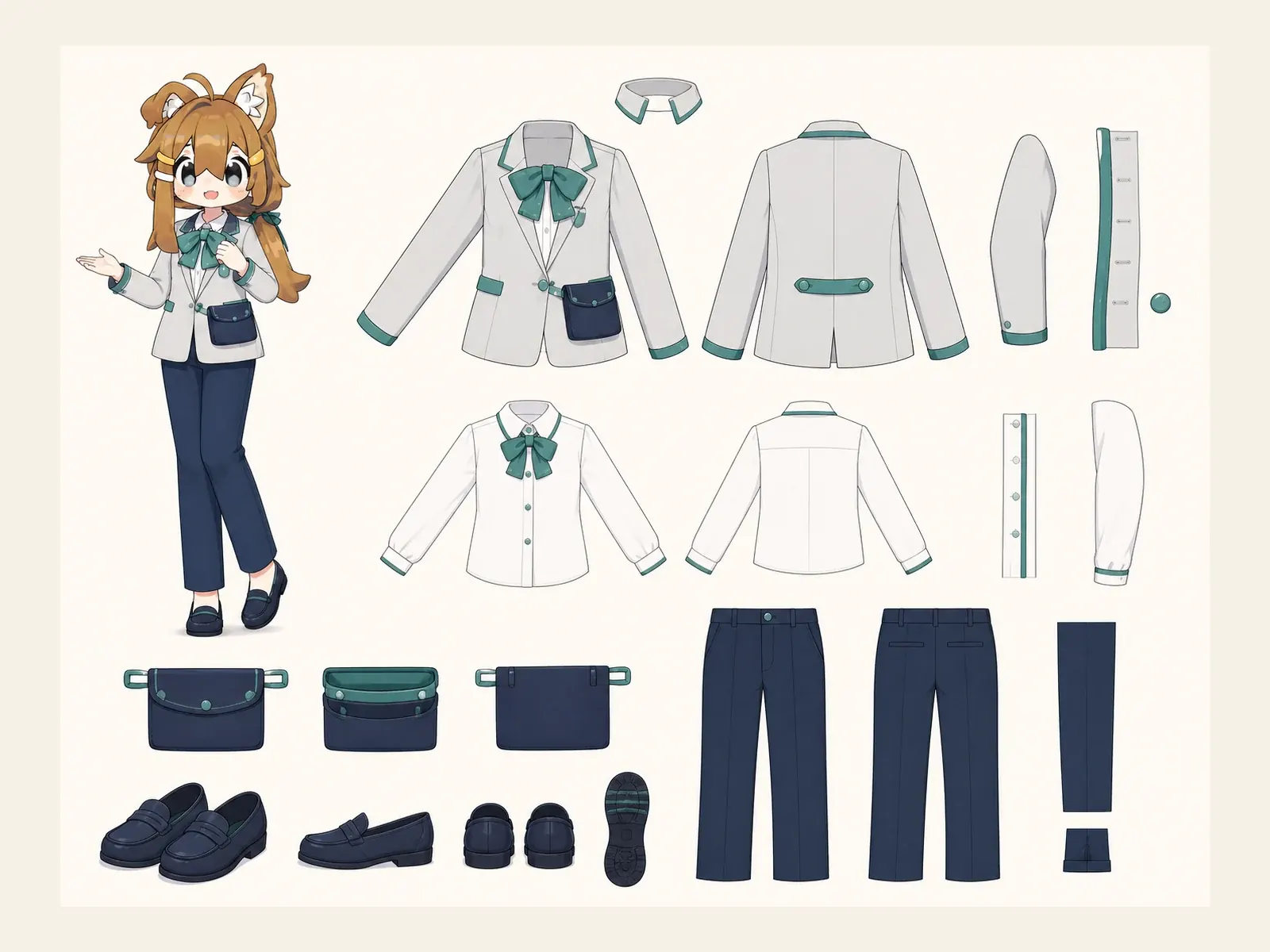 エレガント診療コンシェルジュ服の衣装設定画。着用全身と衣装部品の構造を示す独立設定画。