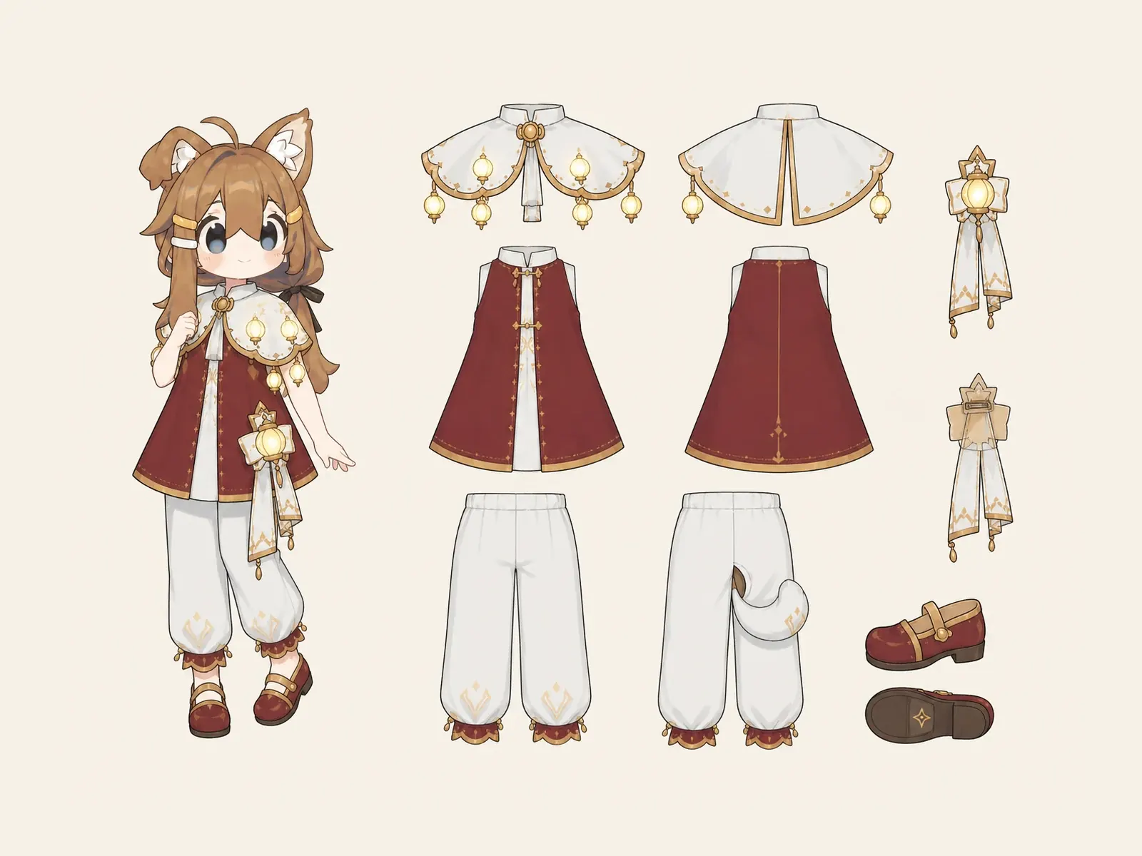 灯りの祝祭エレガント服の衣装設定画。着用全身と衣装部品の構造を示す独立設定画。