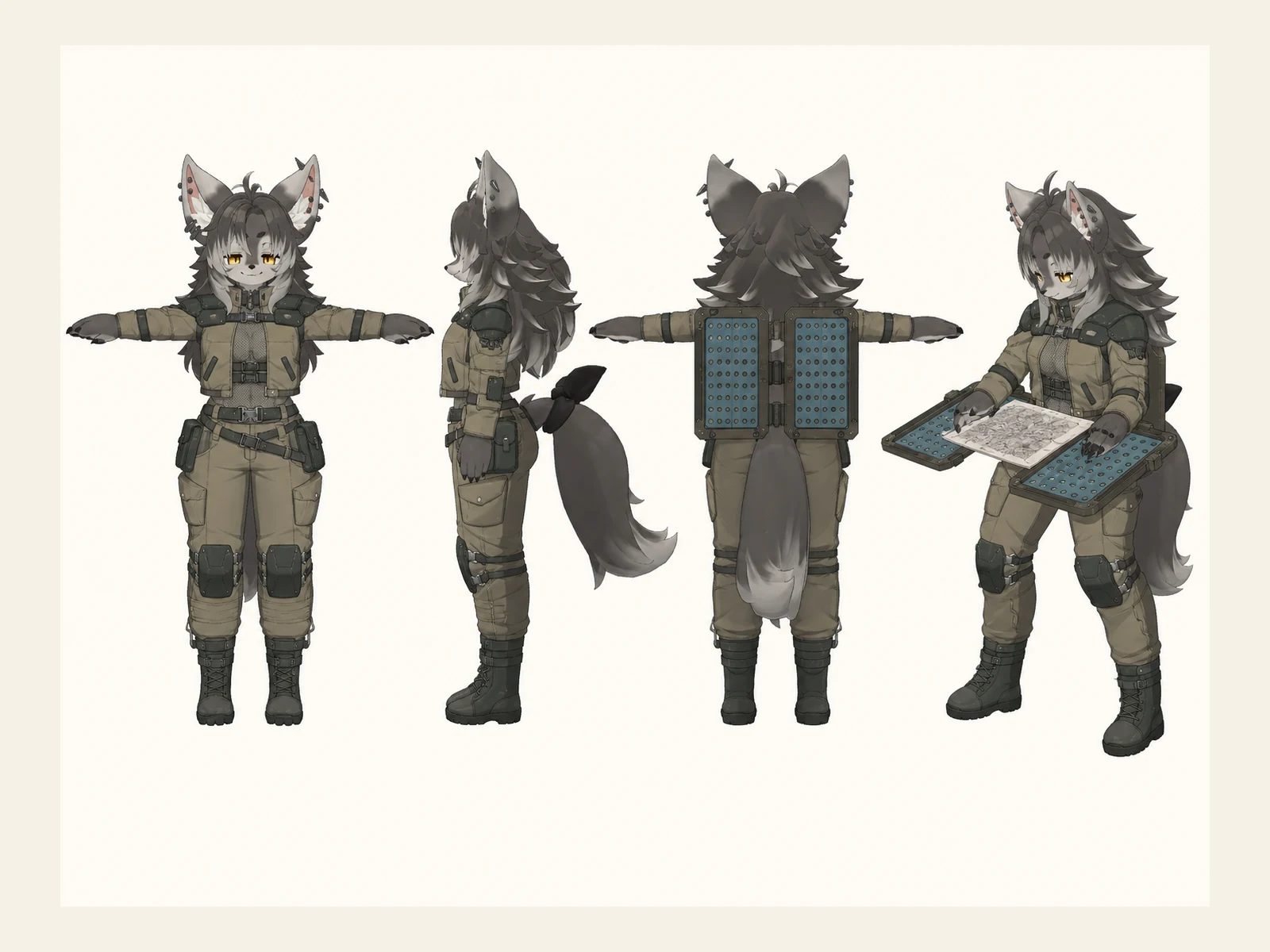 樹皮年代班の拓本服を着た成人女性型オオカミ獣人モデルの正面、左側面、背面、任意ポーズを左から並べた衣装設計図。