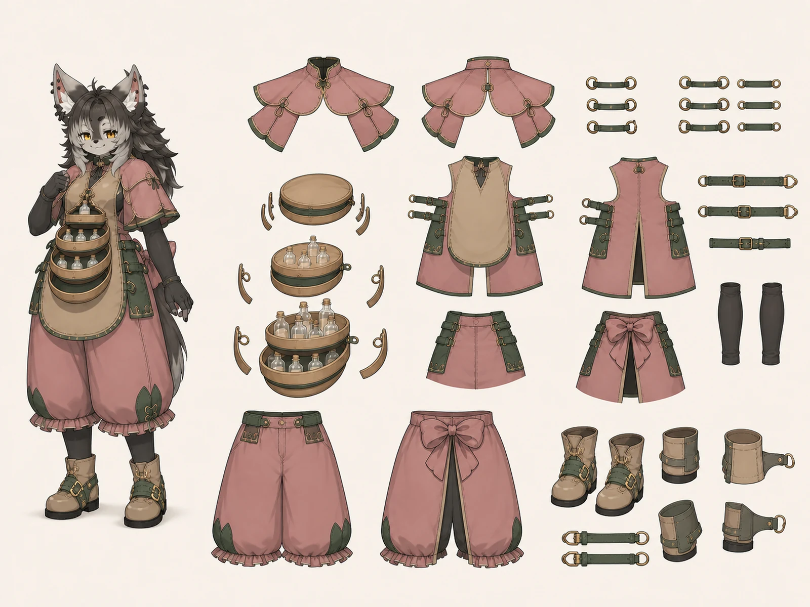 花露香房の調香スモックの衣装設定画。左側に着用全身1体、右側に身体を含まない完全な分離パーツを示す。