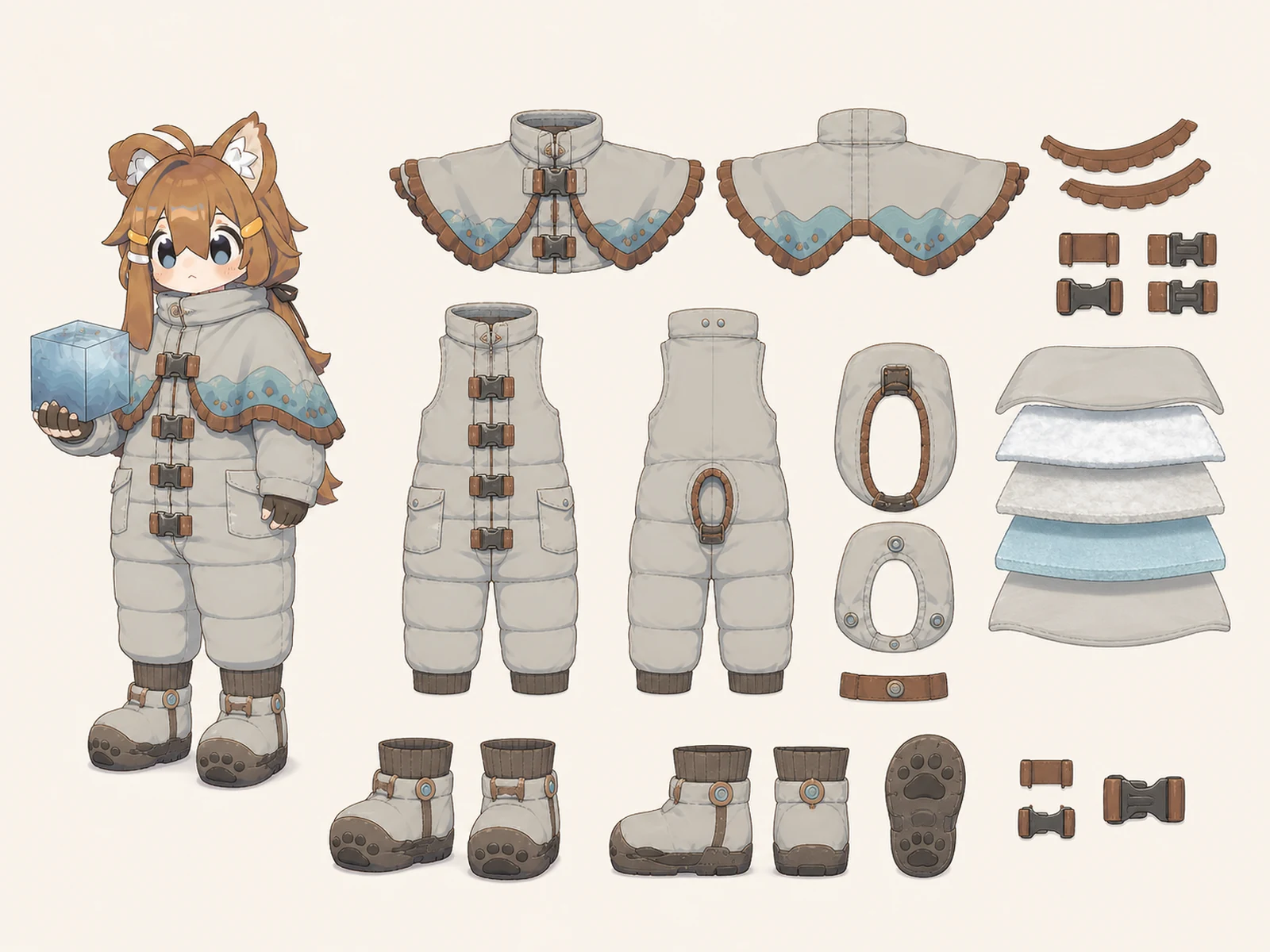 北狐雪穴の断熱服の衣装設定画。左側に着用全身1体、右側に身体を含まない完全な分離パーツを示す。