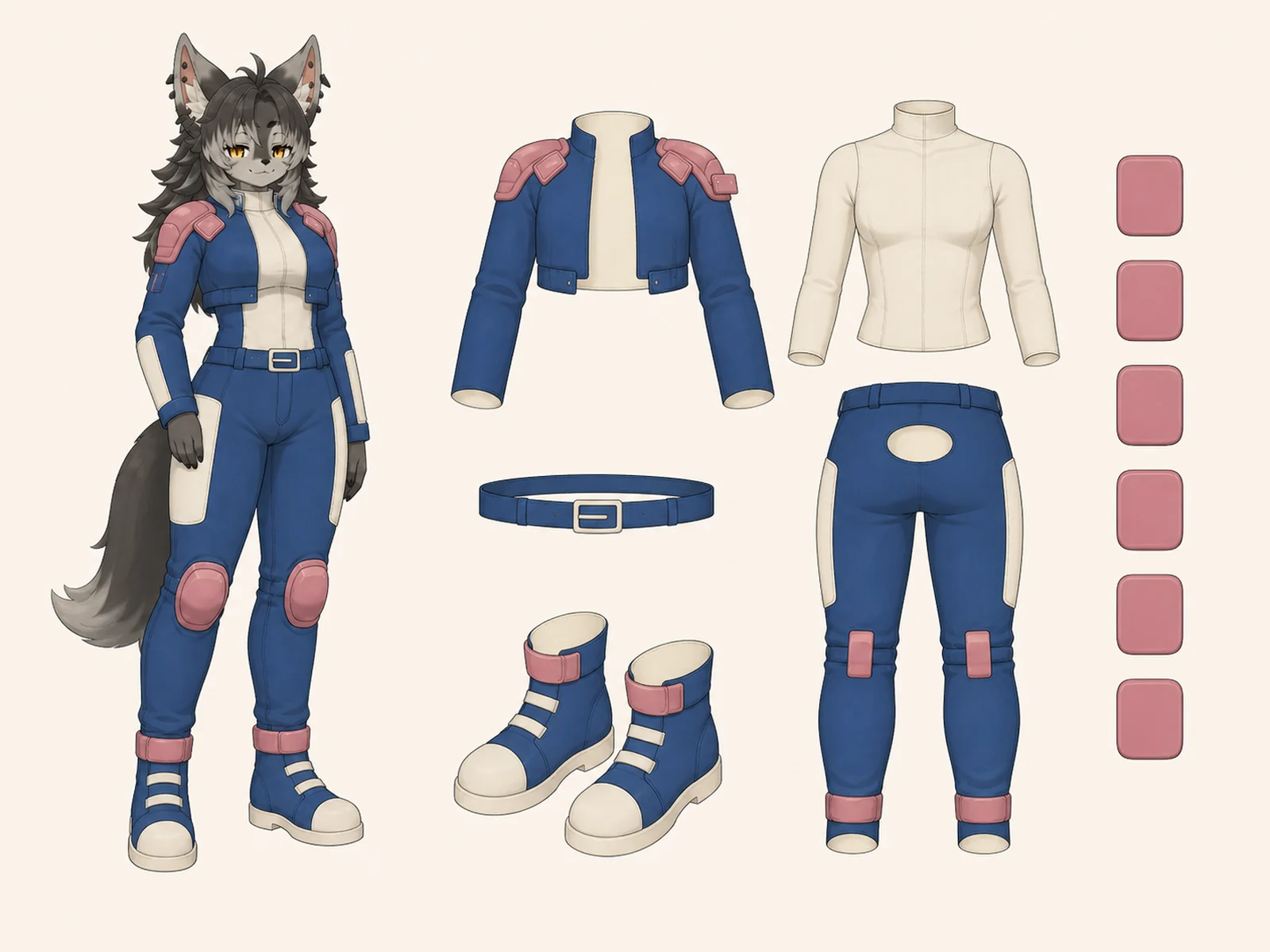 夏雷電磁班の安全服の衣装設定画。左側に着用全身1体、右側に身体を含まない完全な分離パーツを示す。
