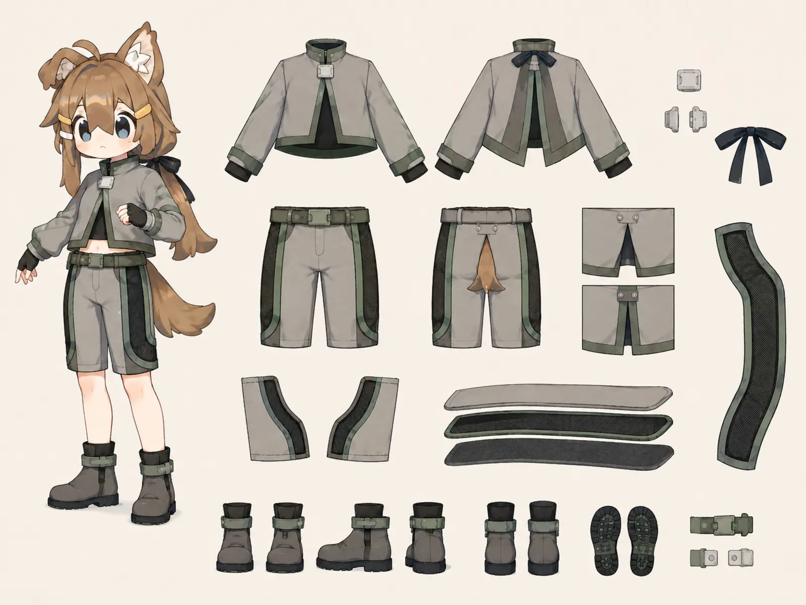 水鏡庭園の無音護衛服の衣装設定画。左側に着用全身1体、右側に身体を含まない完全な分離パーツを示す。