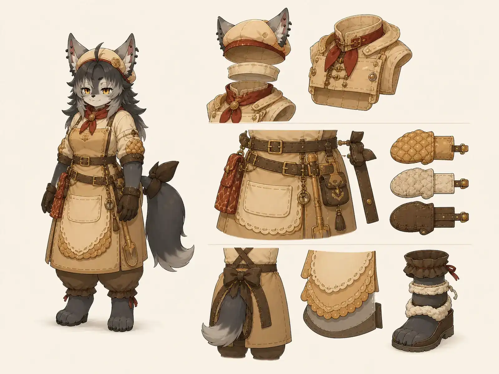 小竜窯の火加減師 — 使い魔ベーカリーの衣装設定画。着用全身と首元、腰の留め具、裾・靴・尾口の構造図。