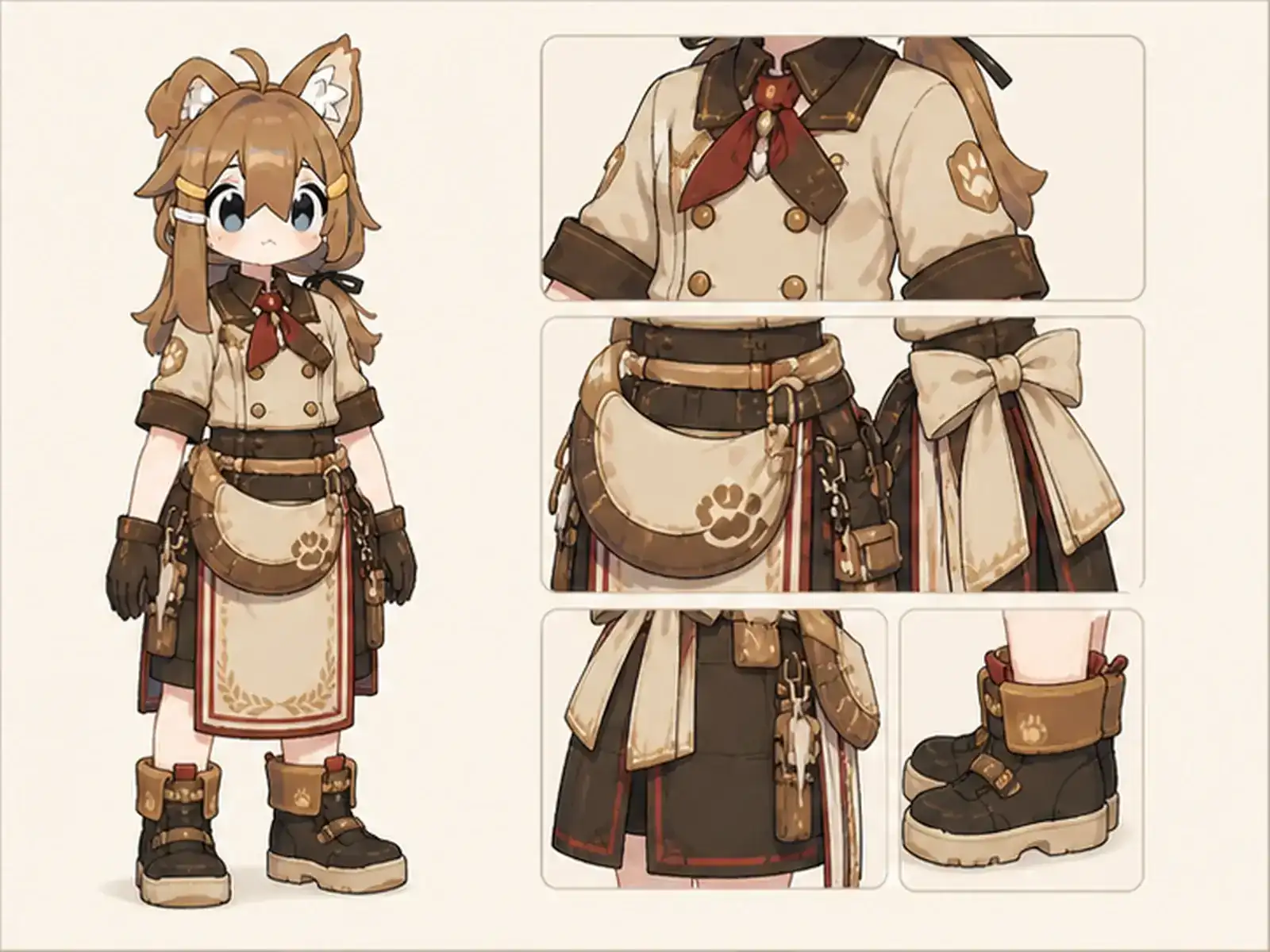 月角パンの成形師 — 使い魔ベーカリーの衣装設定画。着用全身と首元、腰の留め具、裾・靴・尾口の構造図。