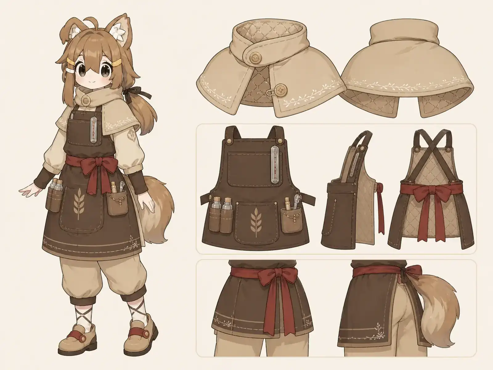 発酵種の番人 — 使い魔ベーカリーの衣装設定画。着用全身と首元、腰の留め具、裾・靴・尾口の構造図。