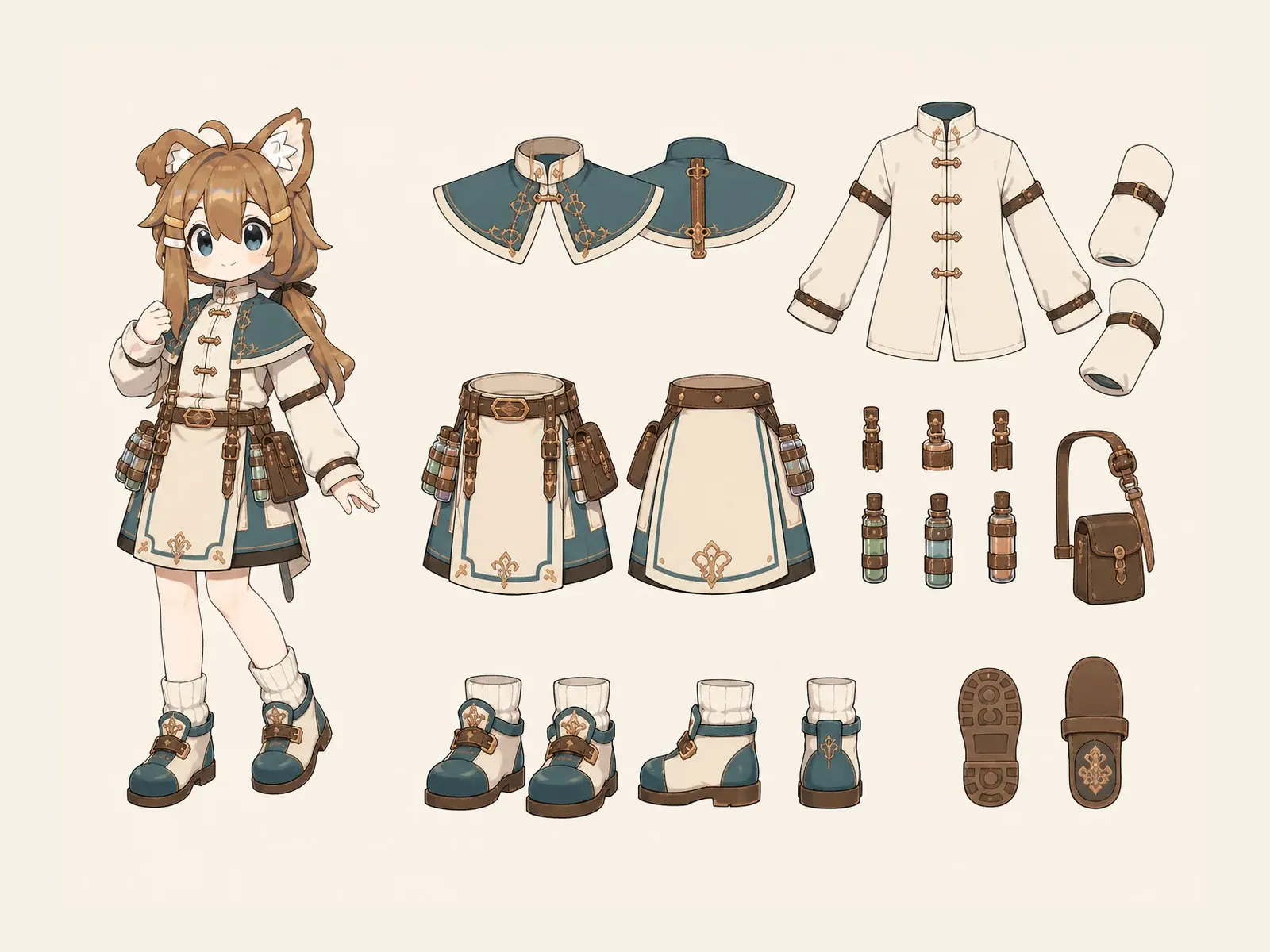 幻想診療錬金服の衣装設定画。着用全身と衣装部品の構造を示す独立設定画。