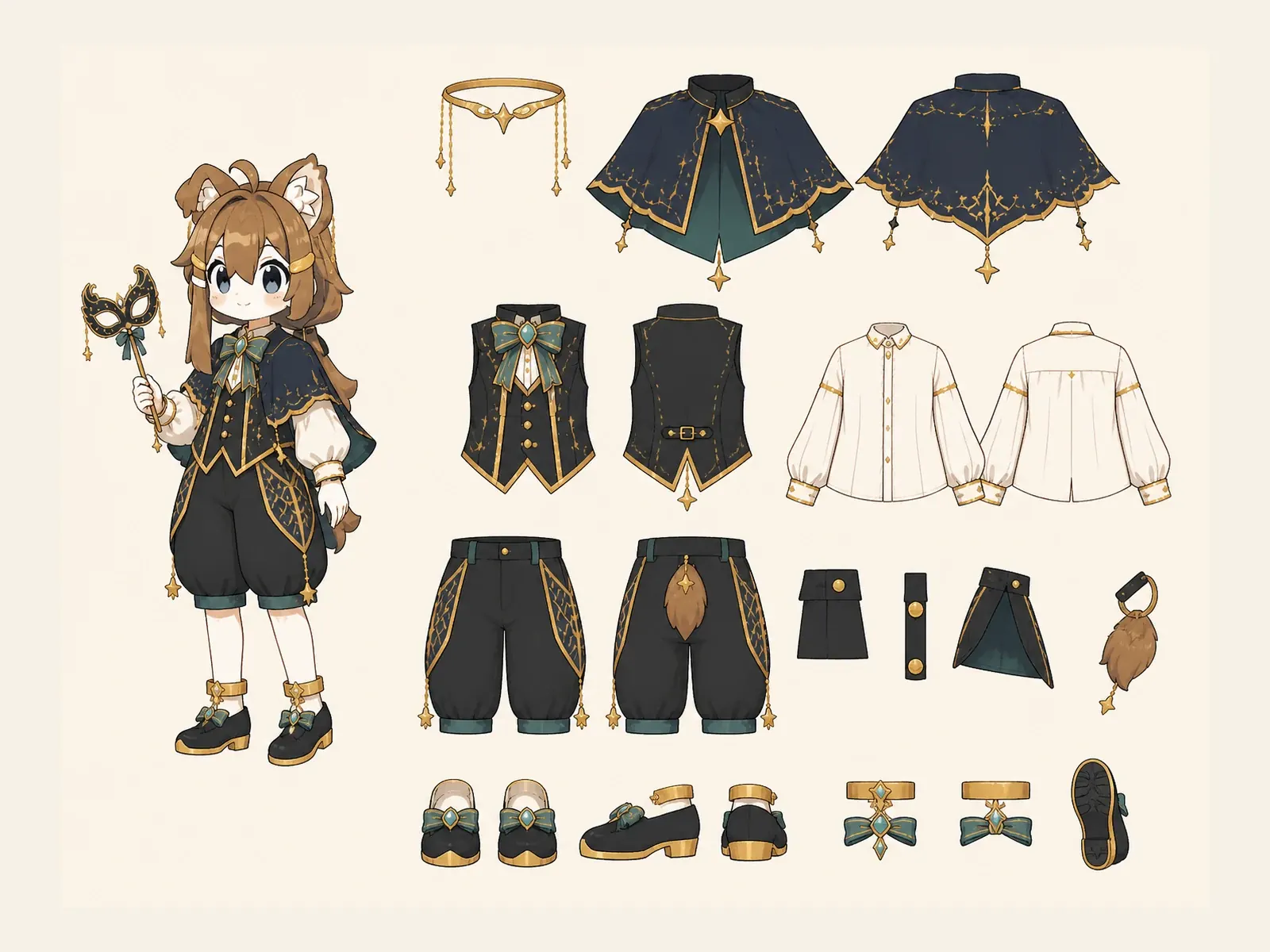 幻想仮面舞踏パーティー服の衣装設定画。着用全身と衣装部品の構造を示す独立設定画。