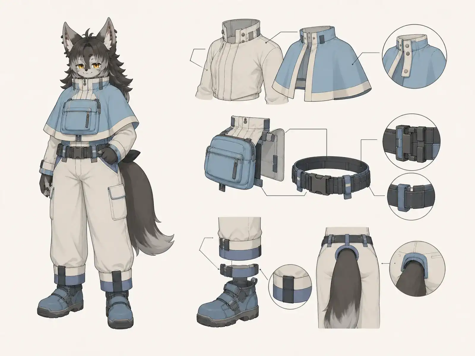 水上診療船ナビゲーター服の衣装設定画。着用全身と首元、腰の留め具、裾・靴・尾口の構造図。