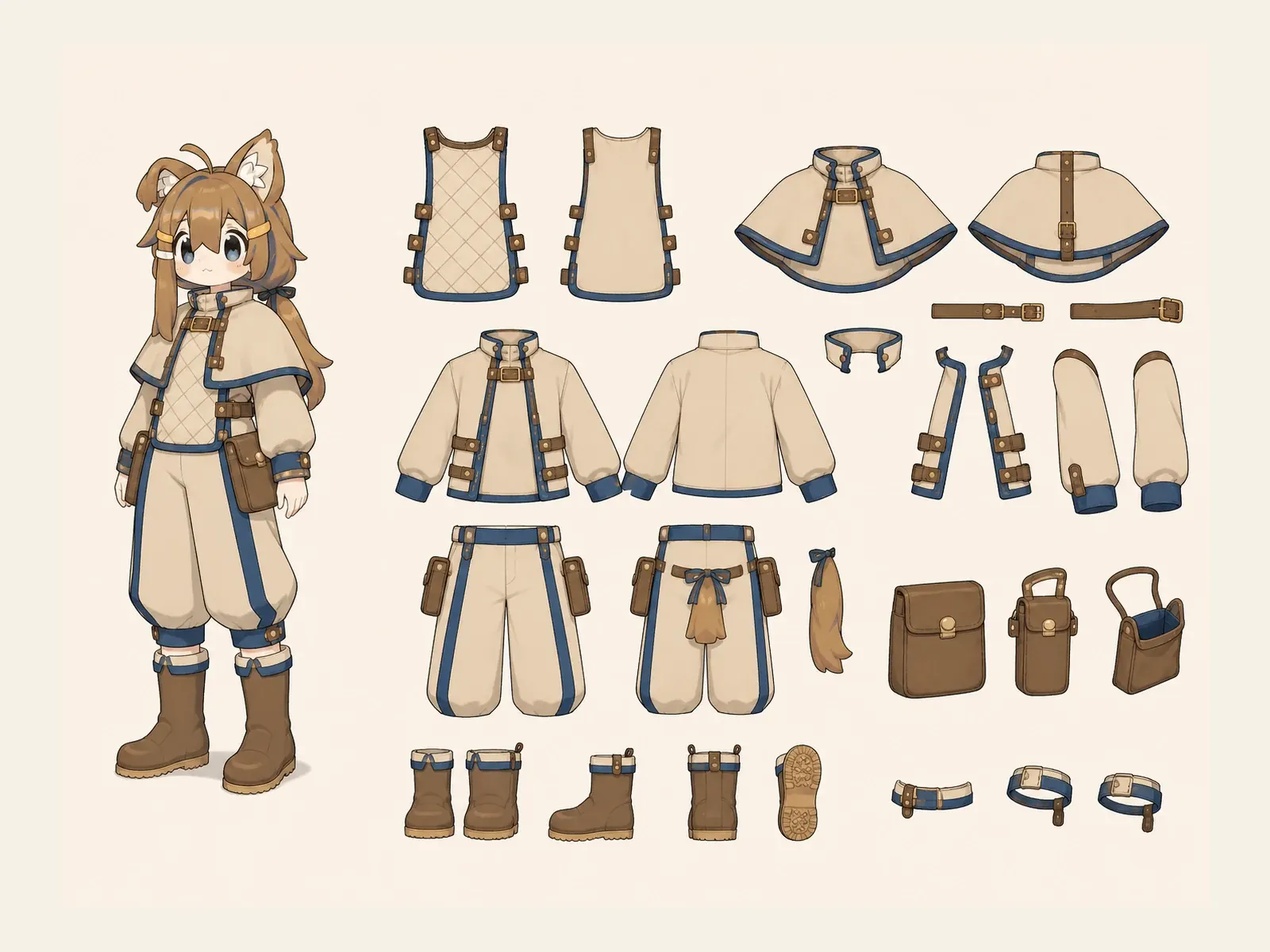 織物資料庫ソフトガード服の衣装設定画。着用全身と衣装部品の構造を示す独立設定画。