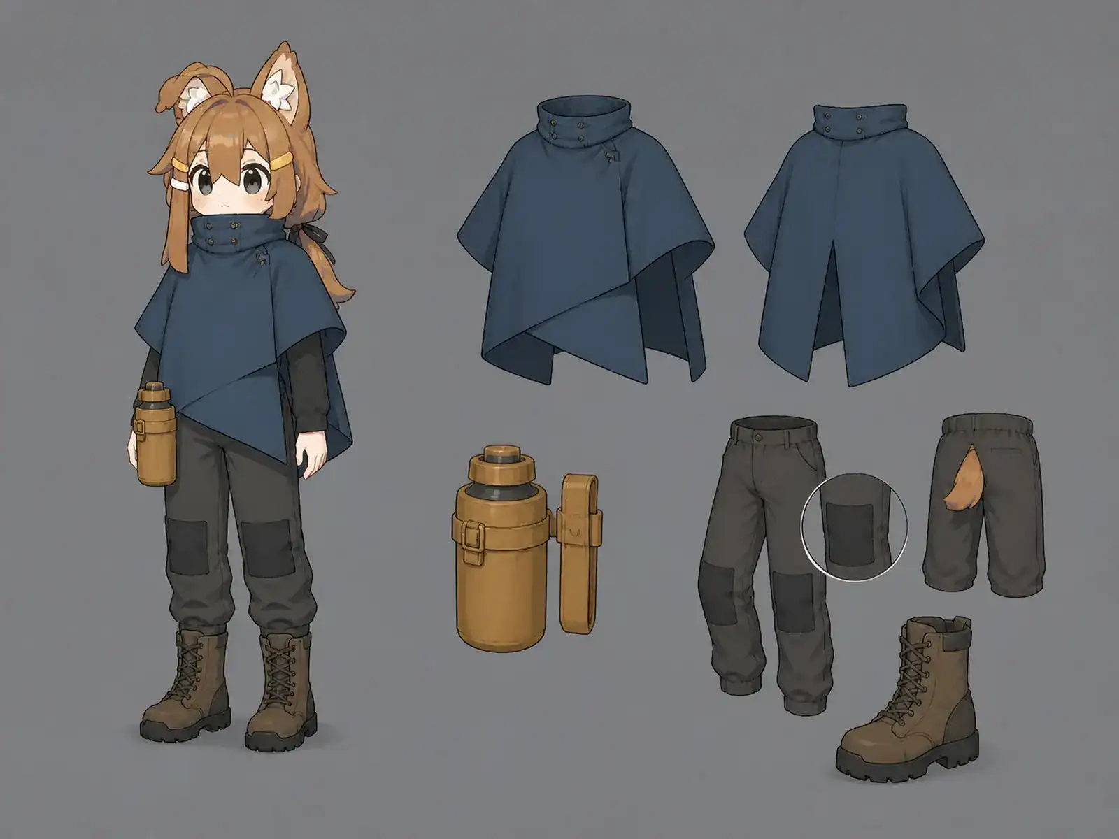 森林火災見張り台の観測服の衣装設定画。着用全身と首元、腰の留め具、裾・靴・尾口の構造図。