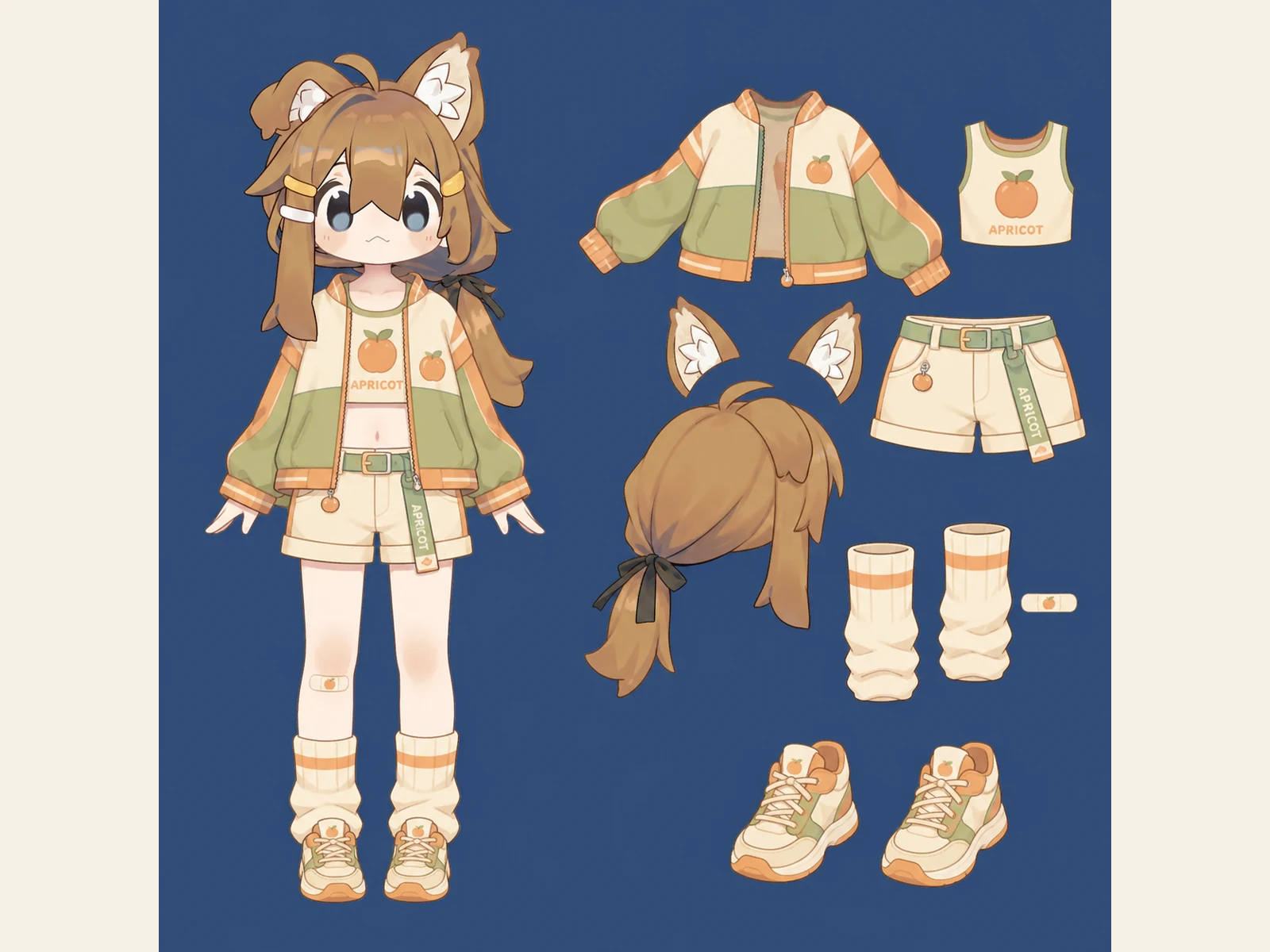 あんず市場のカラーブロック服の衣装設定画。自由ポーズの着用全身と、衣装ディテール・小物の形や作りを示す。