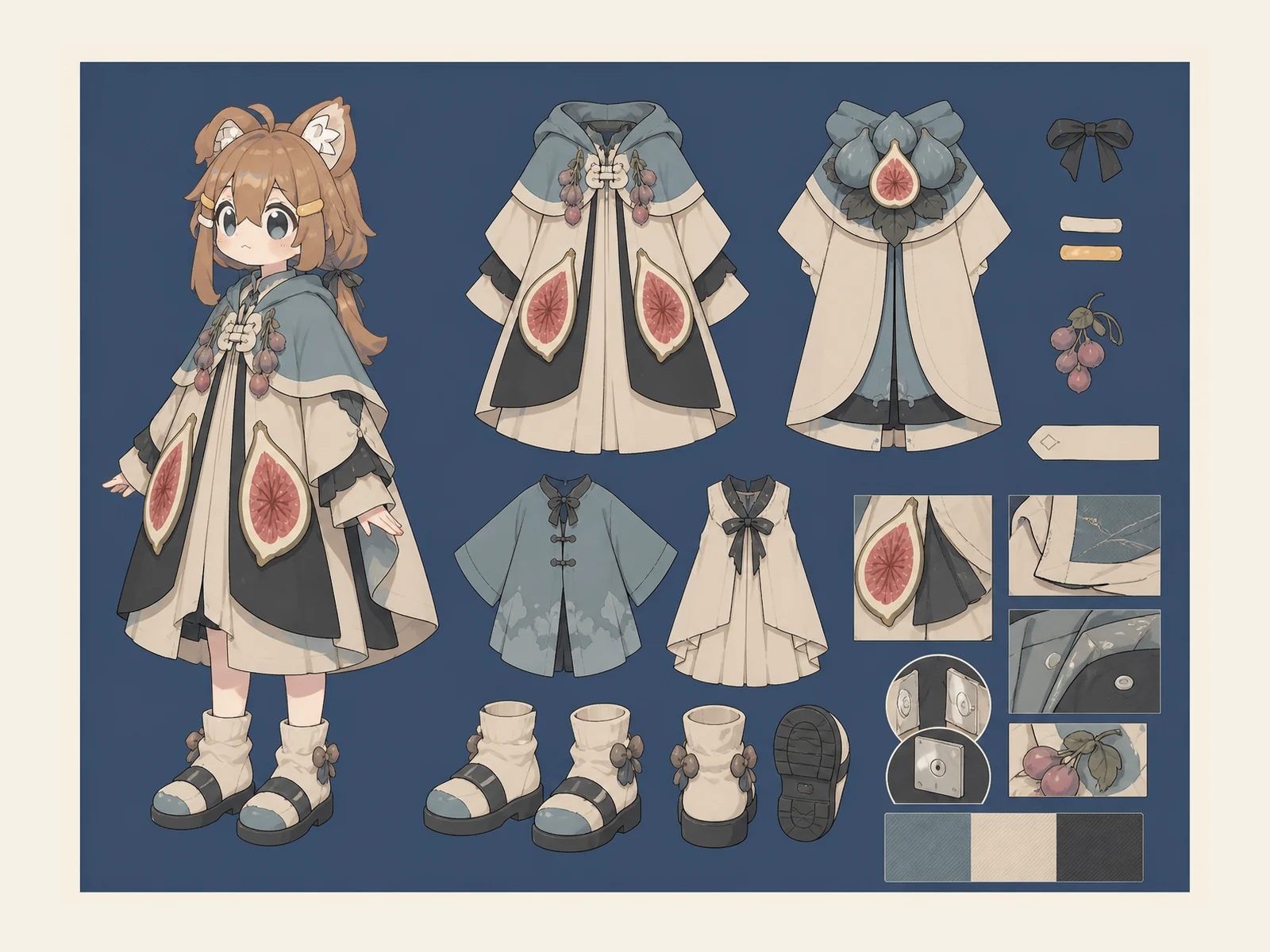 いちじく市場のカラーブロック服の衣装設定画。自由ポーズの着用全身と、衣装ディテール・小物の形や作りを示す。