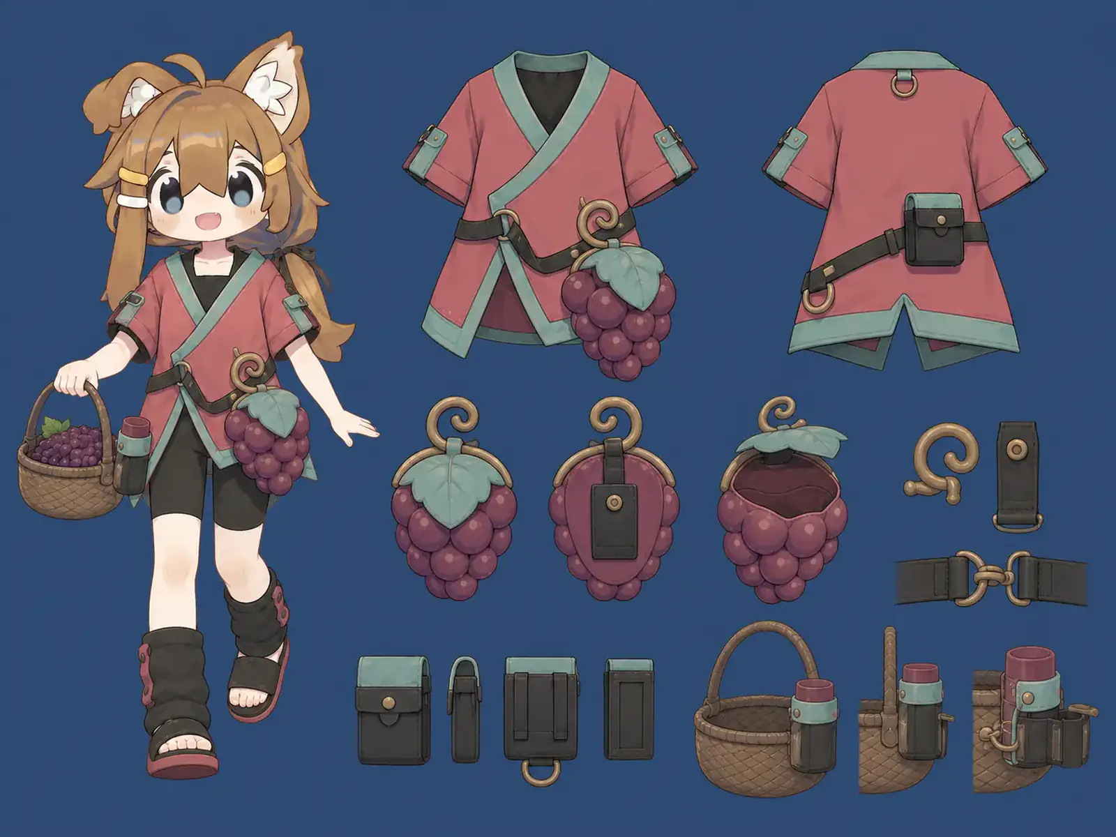 ぶどう市場のカラーブロック服の衣装設定画。自由ポーズの着用全身と、衣装ディテール・小物の形や作りを示す。