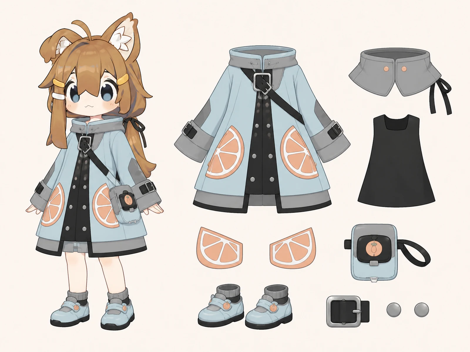 もも市場のカラーブロック服の衣装設定画。自由ポーズの着用全身と、衣装ディテール・小物の形や作りを示す。