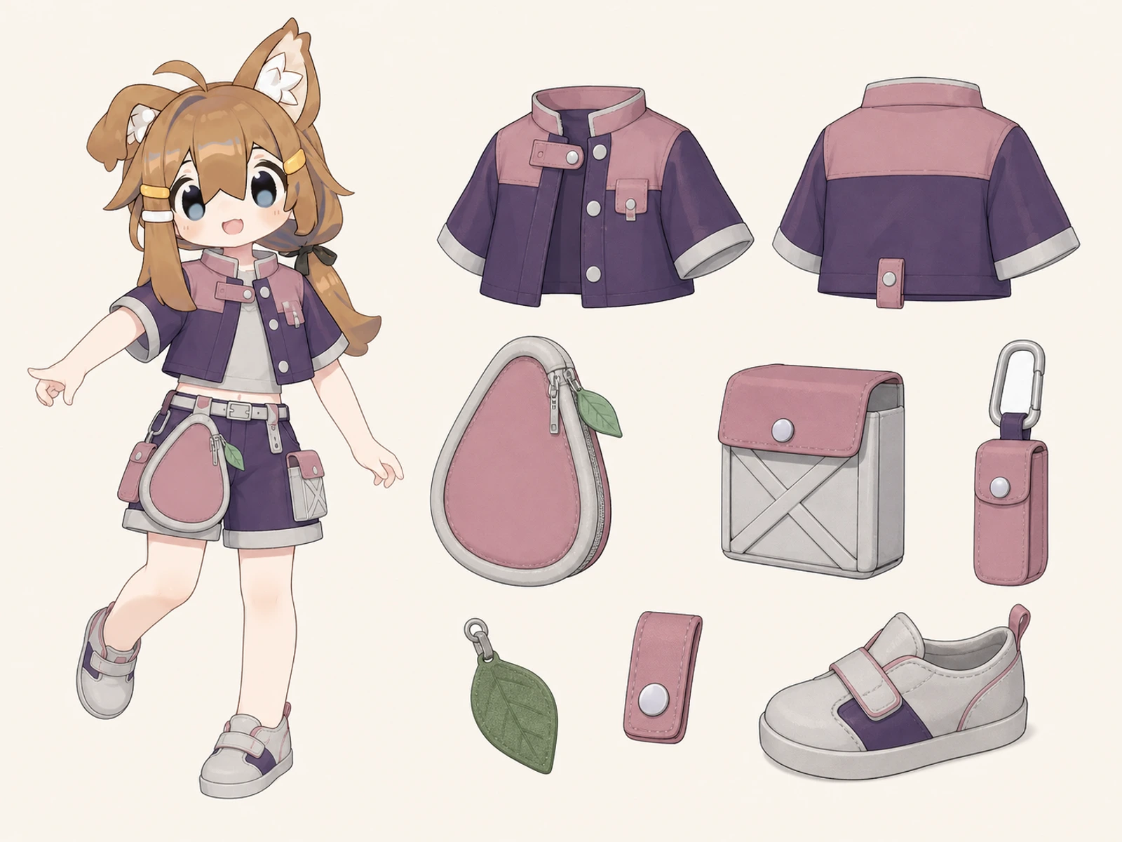 なし市場のカラーブロック服の衣装設定画。自由ポーズの着用全身と、衣装ディテール・小物の形や作りを示す。