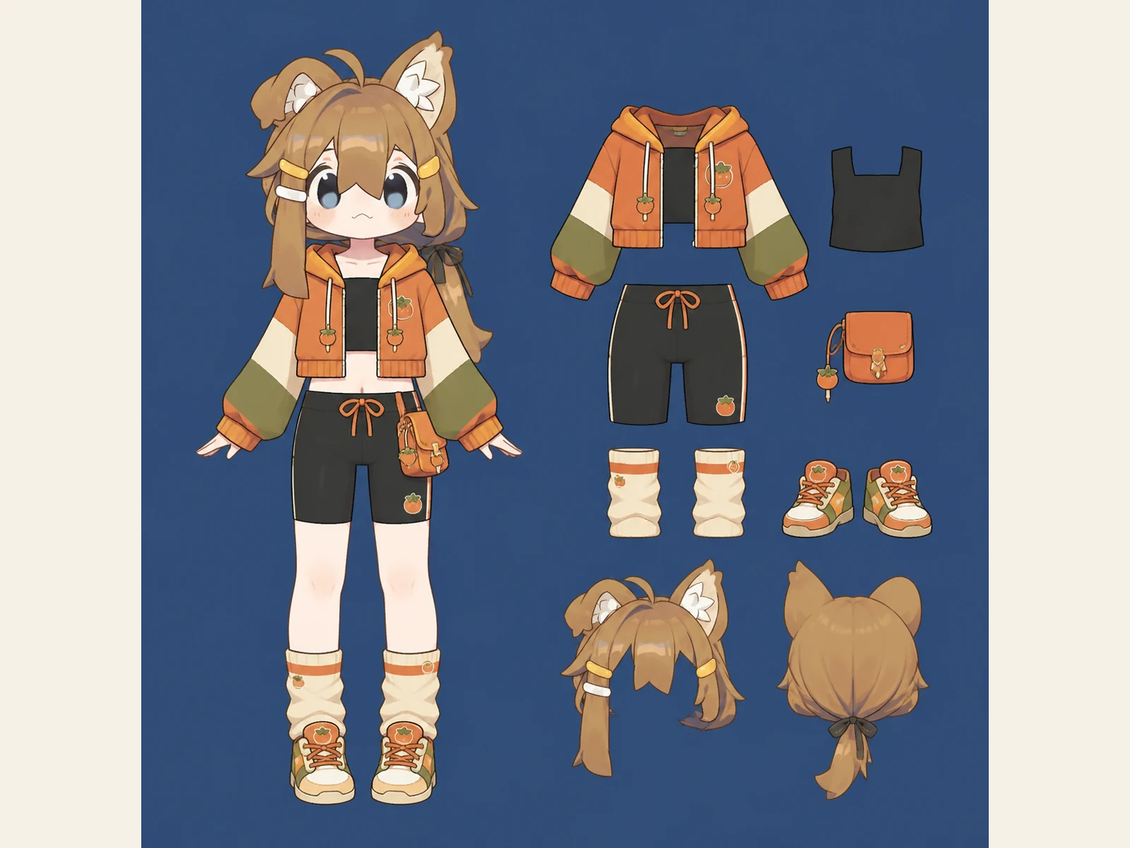 かき市場のカラーブロック服の衣装設定画。自由ポーズの着用全身と、衣装ディテール・小物の形や作りを示す。