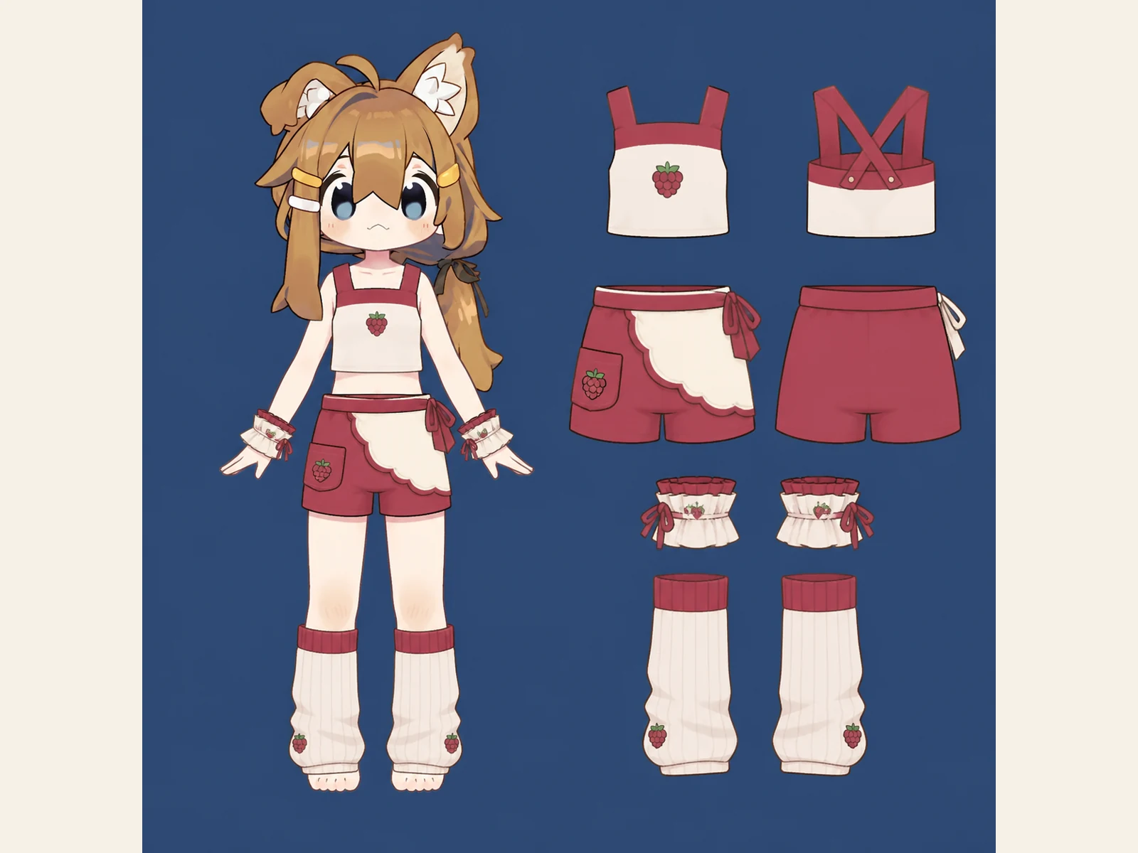 ラズベリー市場のカラーブロック服の衣装設定画。自由ポーズの着用全身と、衣装ディテール・小物の形や作りを示す。