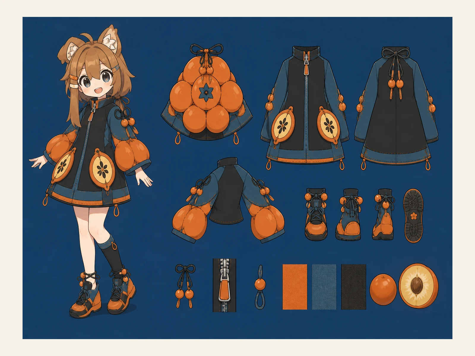 うめ市場のカラーブロック服の衣装設定画。自由ポーズの着用全身と、衣装ディテール・小物の形や作りを示す。