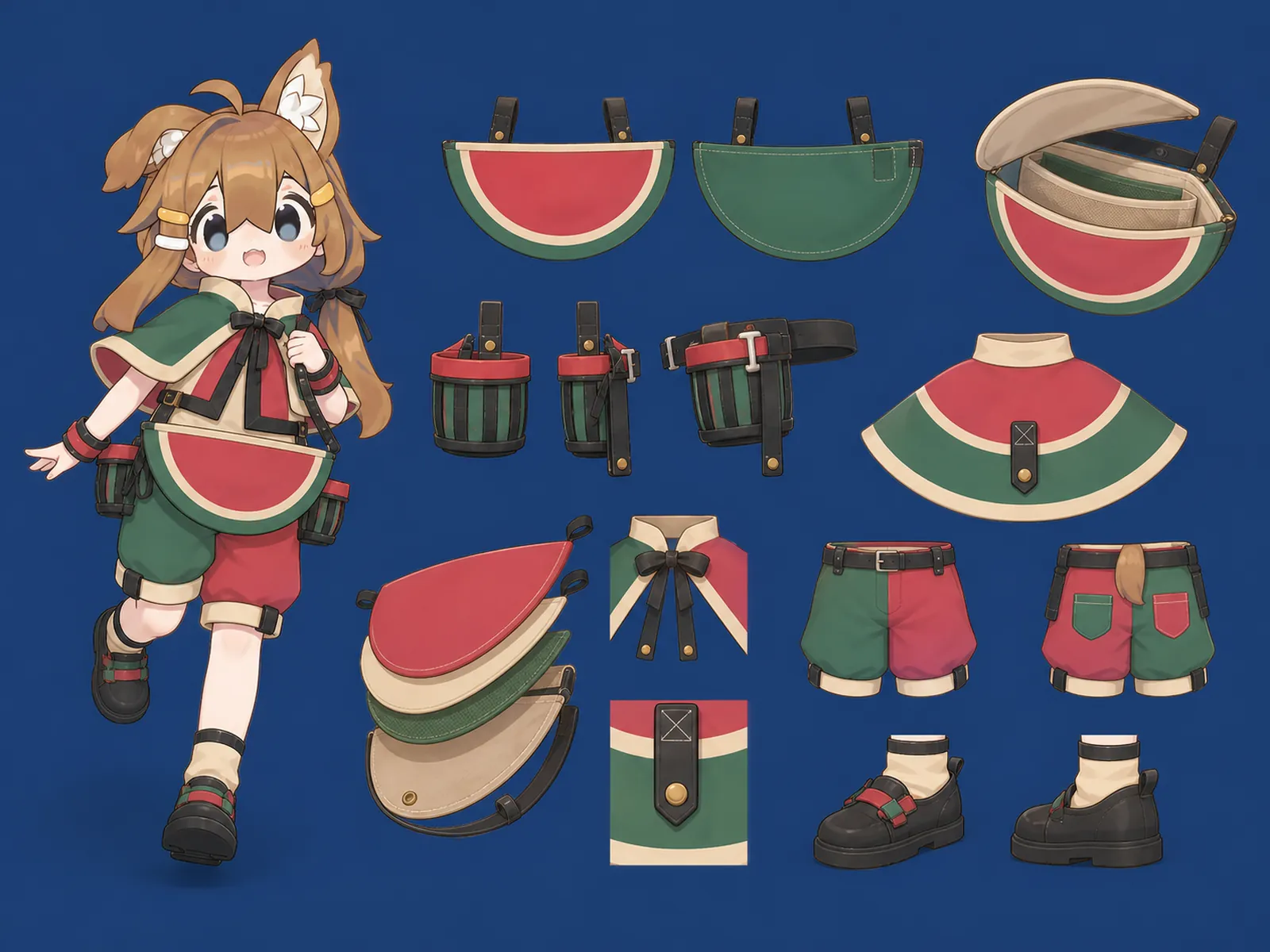 すいか市場のカラーブロック服の衣装設定画。自由ポーズの着用全身と、衣装ディテール・小物の形や作りを示す。