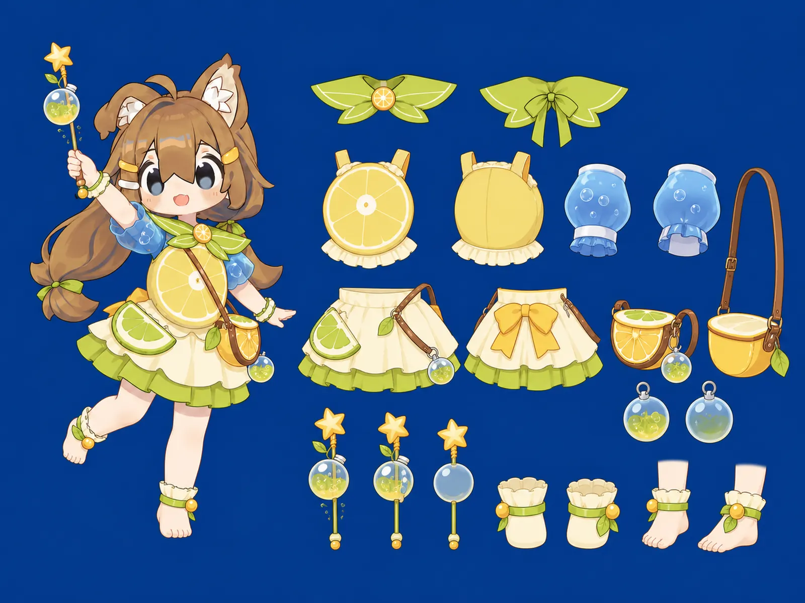 ゆずソーダ星祭り仮装の衣装設定画。自由ポーズの着用全身と、衣装ディテール・小物の形や作りを示す。