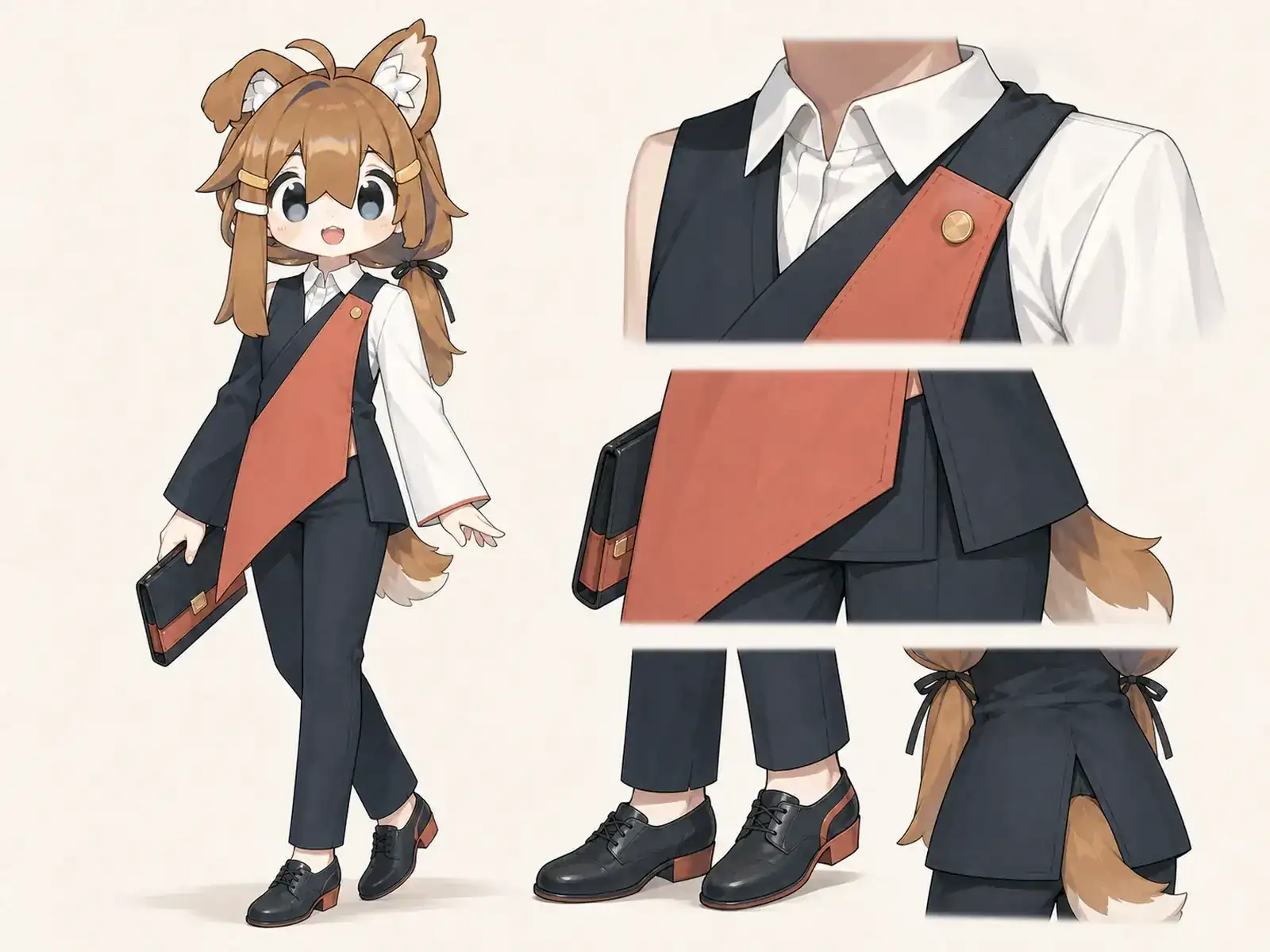 ギャラリー開幕日の非対称フォーマルの衣装設定画。着用全身と首元、腰の留め具、裾・靴・尾口の構造図。