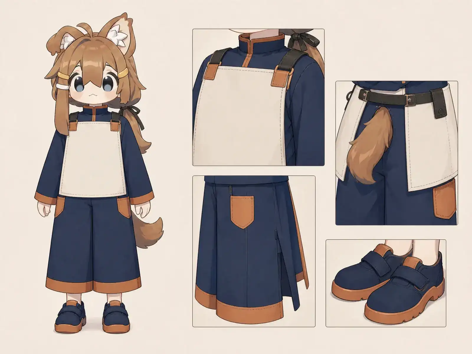 地熱ポンプ室の点検服の衣装設定画。着用全身と首元、腰の留め具、裾・靴・尾口の構造図。