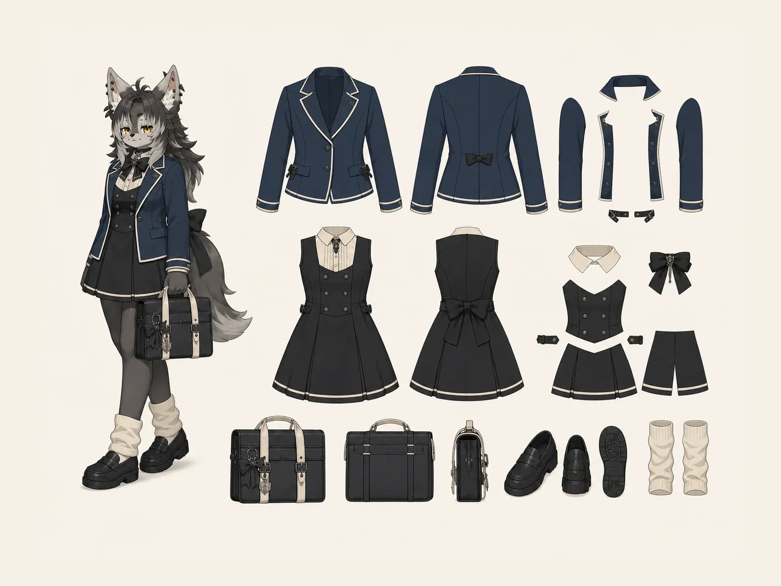 ゴシック・アカデミー通学服の衣装設定画。着用全身と衣装部品の構造を示す独立設定画。