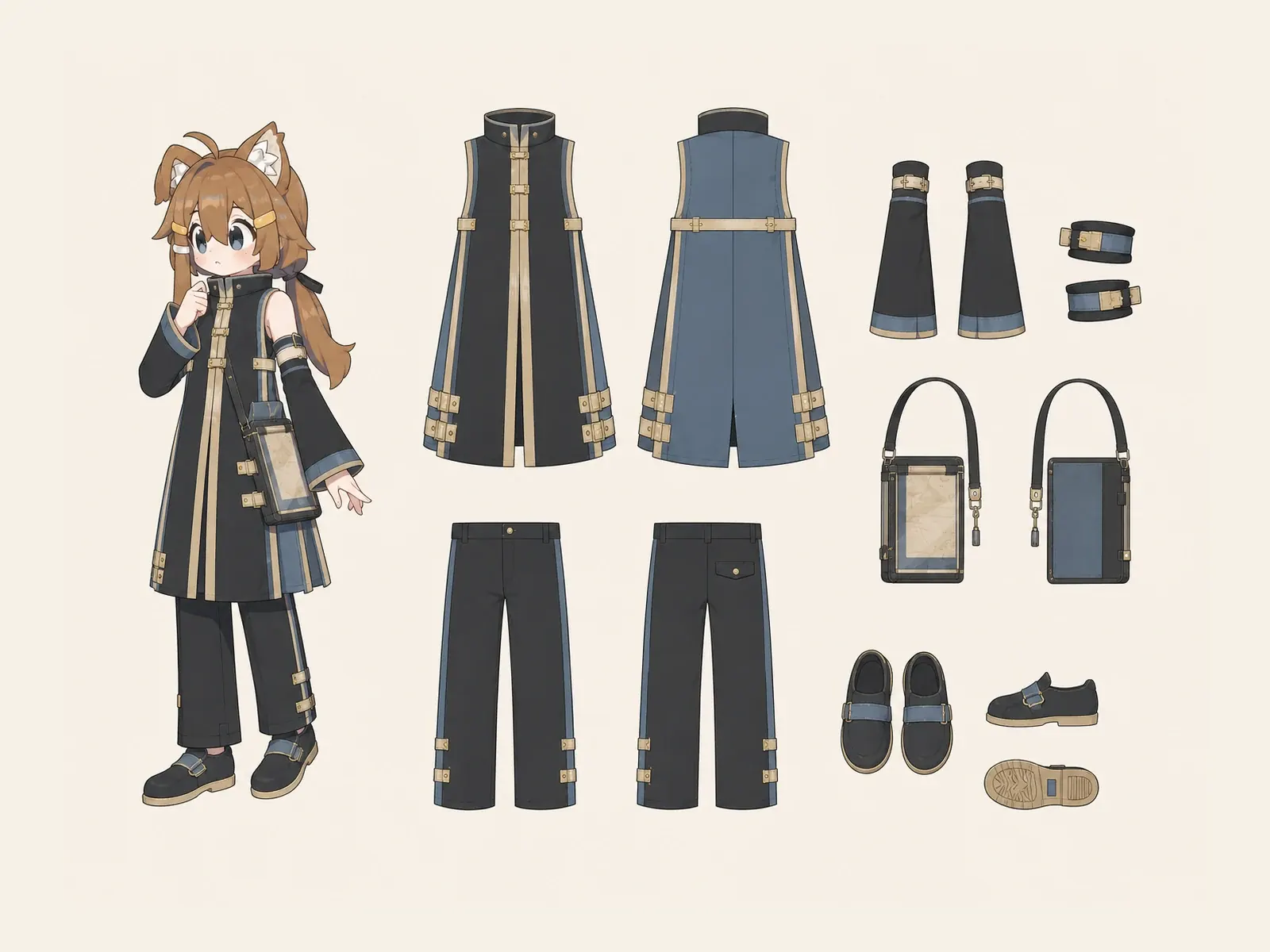 薄明アーカイブ研究服の衣装設定画。着用全身と衣装部品の構造を示す独立設定画。