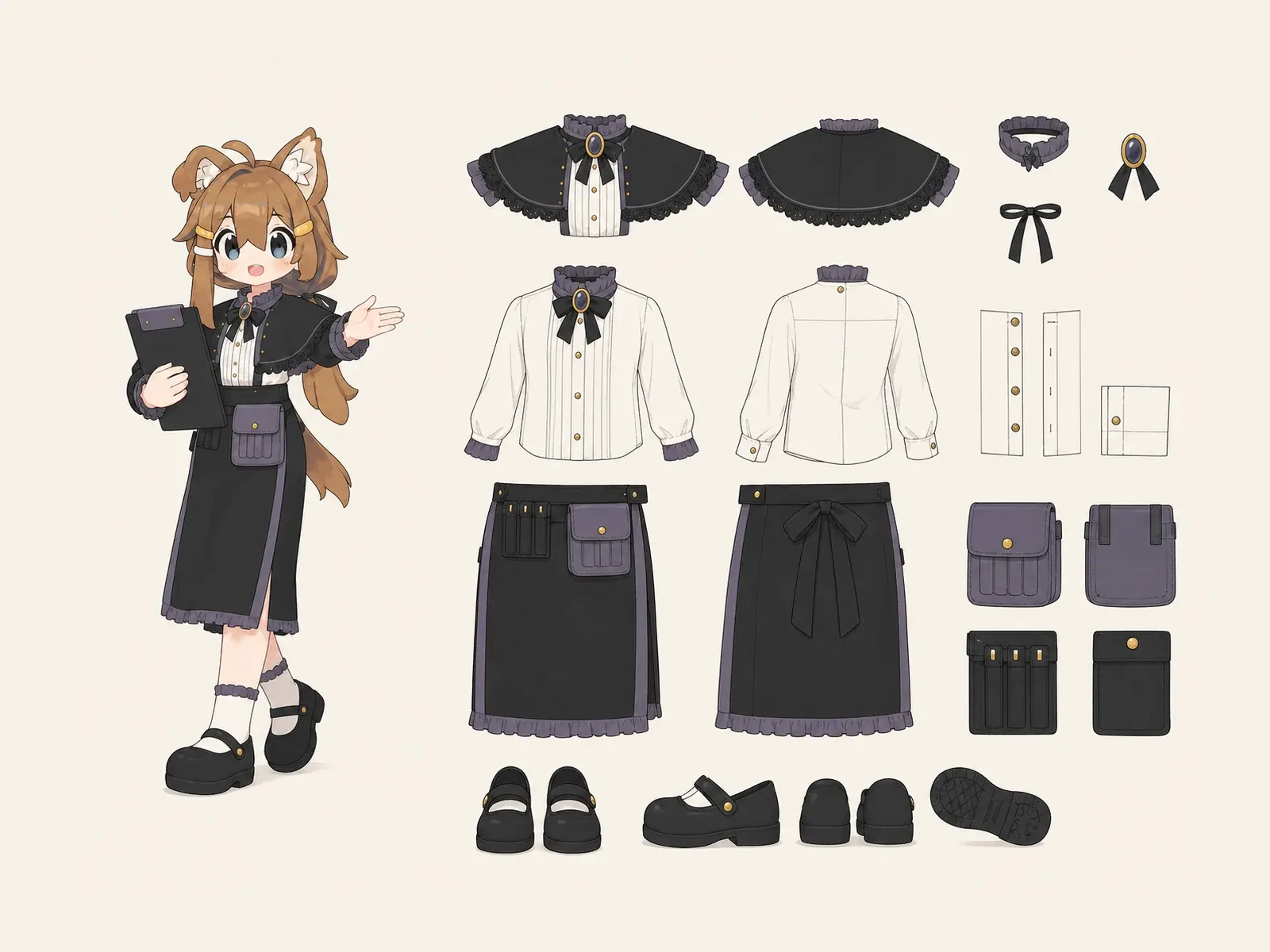 ゴシック診療受付服の衣装設定画。着用全身と衣装部品の構造を示す独立設定画。