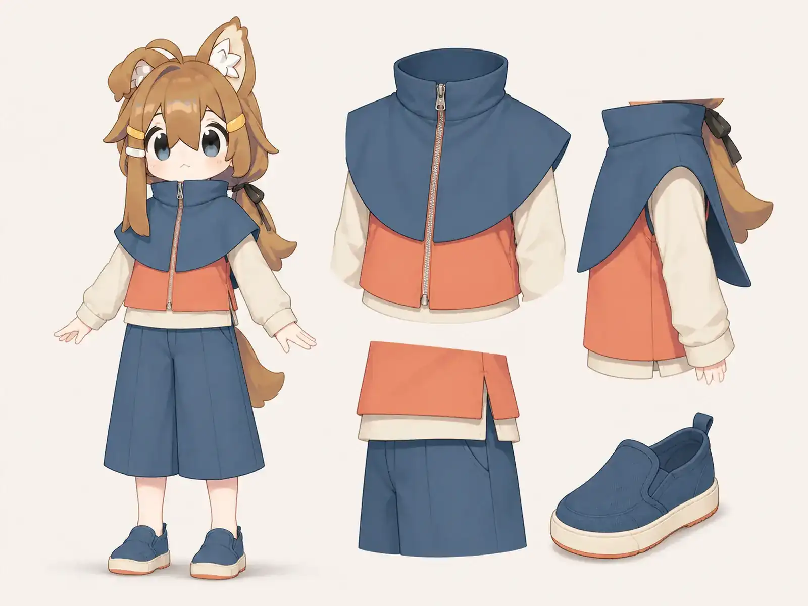 大湖フェリーターミナルの誘導服の衣装設定画。着用全身と首元、腰の留め具、裾・靴・尾口の構造図。
