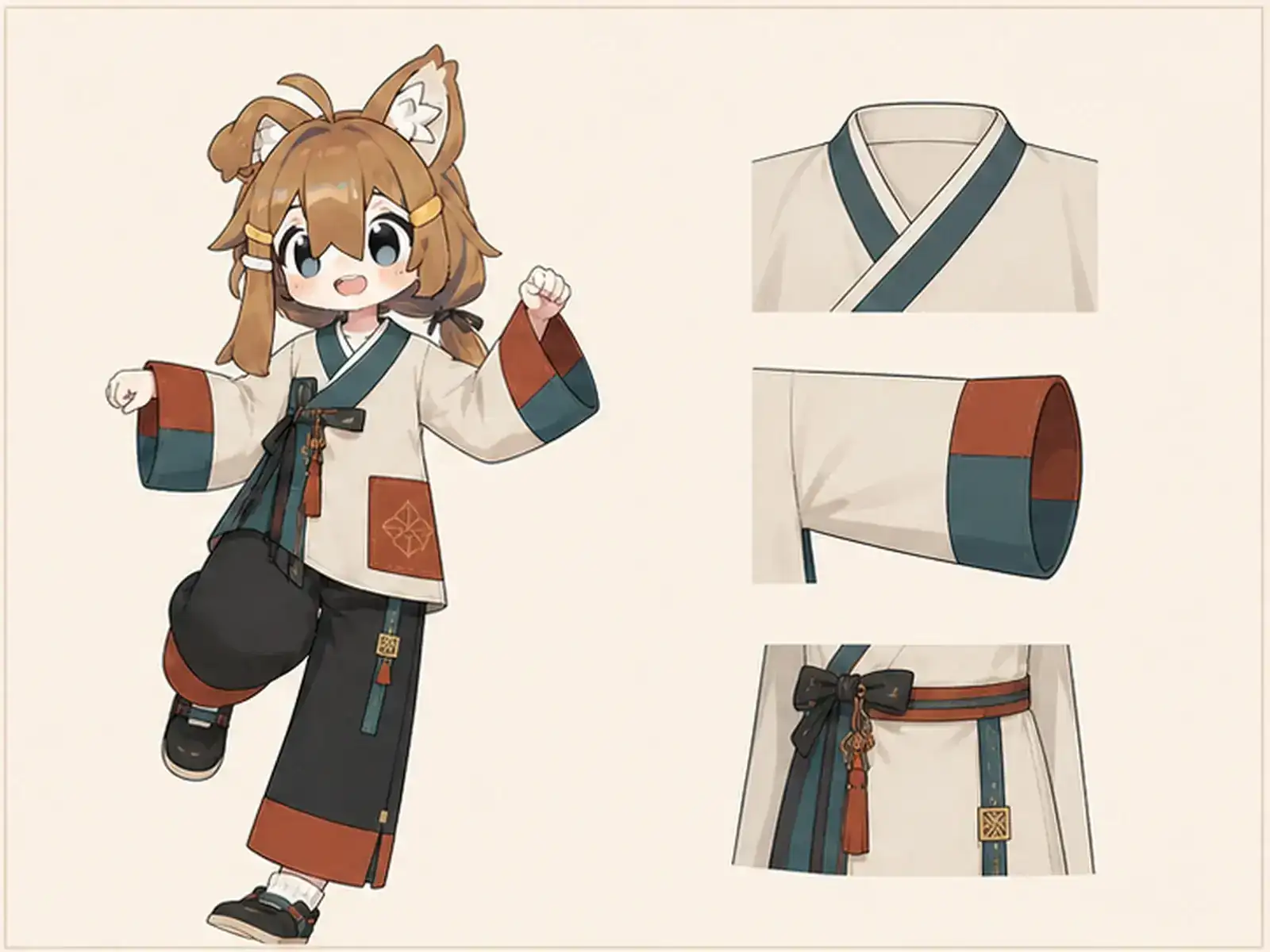包み布面のセット — 韓服の線と量感の衣装設定画。着用全身と首元、腰の留め具、裾・靴・尾口の構造図。