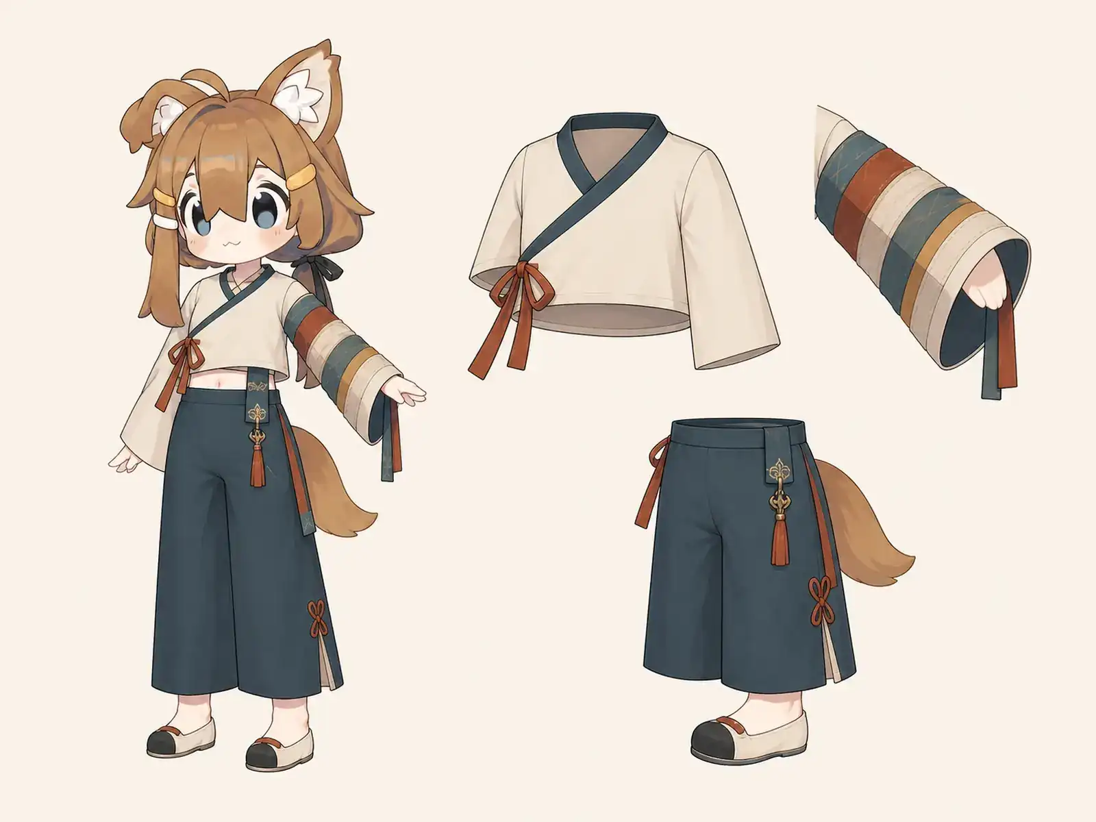 色帯袖の現代服 — 韓服の線と量感の衣装設定画。着用全身と首元、腰の留め具、裾・靴・尾口の構造図。